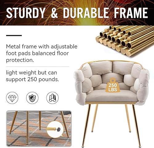 Miniatura 6 de Sillas de comedor de terciopelo, silla moderna con patas mentales doradas, sillón tapizado a mano para comedor, cocina, sala de estar (beige)