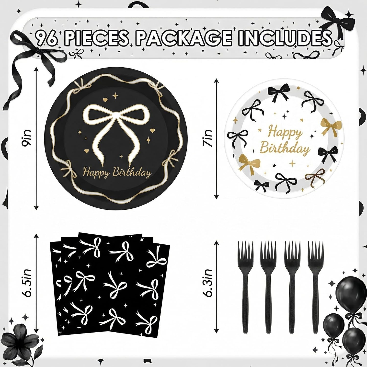 ArtSocket 96 Pack Party Decorations Tableware Set, 24 Guests, Bow Black image 2