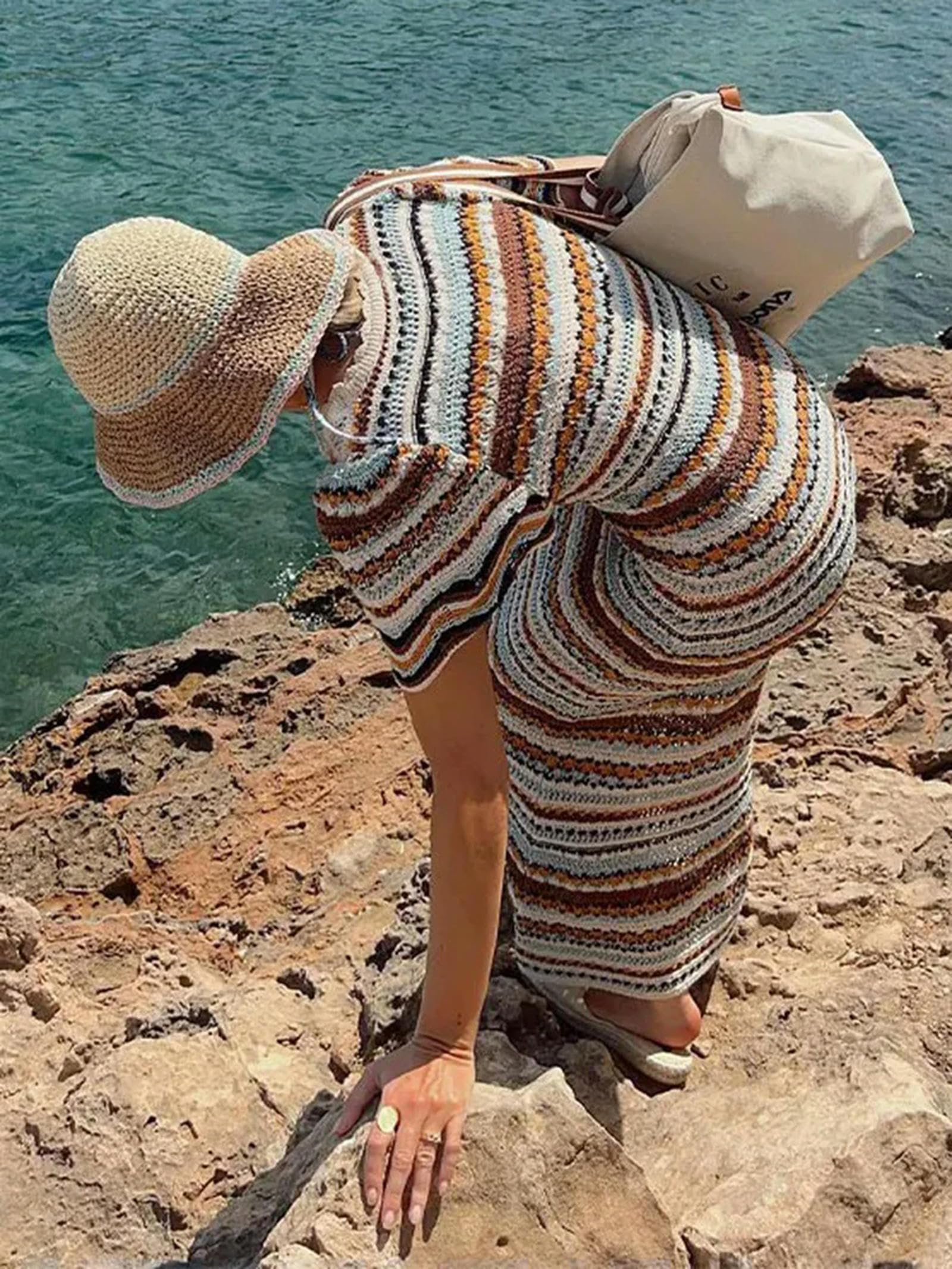 Abito da Donna in Maglia Sottile con Vita Alta Che Si scontra, Abito Sexy a Maniche Corte a Righe con Scollo a U e Tubino da Vacanza