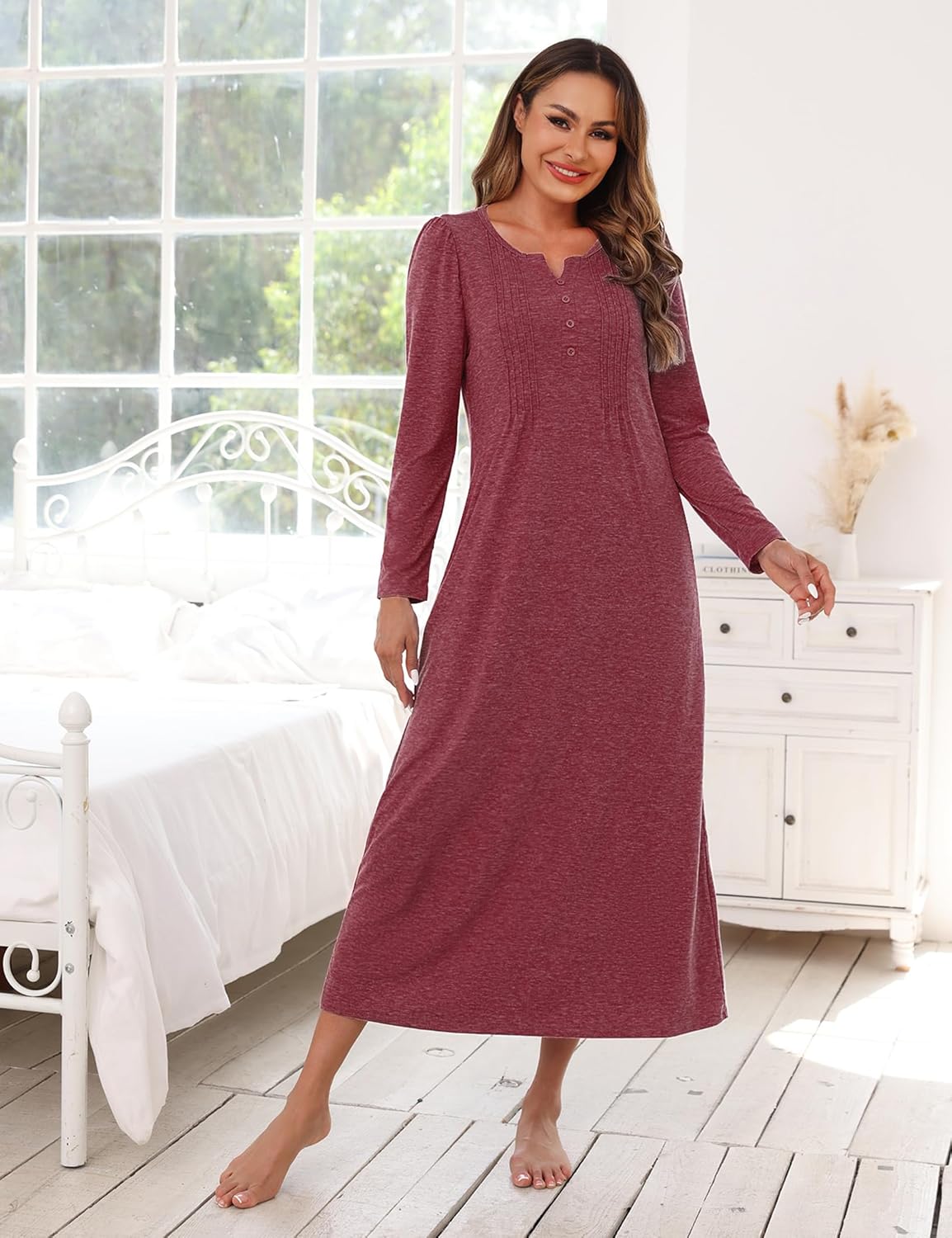 Marvmys Womens Cotton Long Sleeve Nightgowns Soft Ladies Sleep Shirts V Neck Full Length Night Shirts Sleepwear with Pockets - Image 2