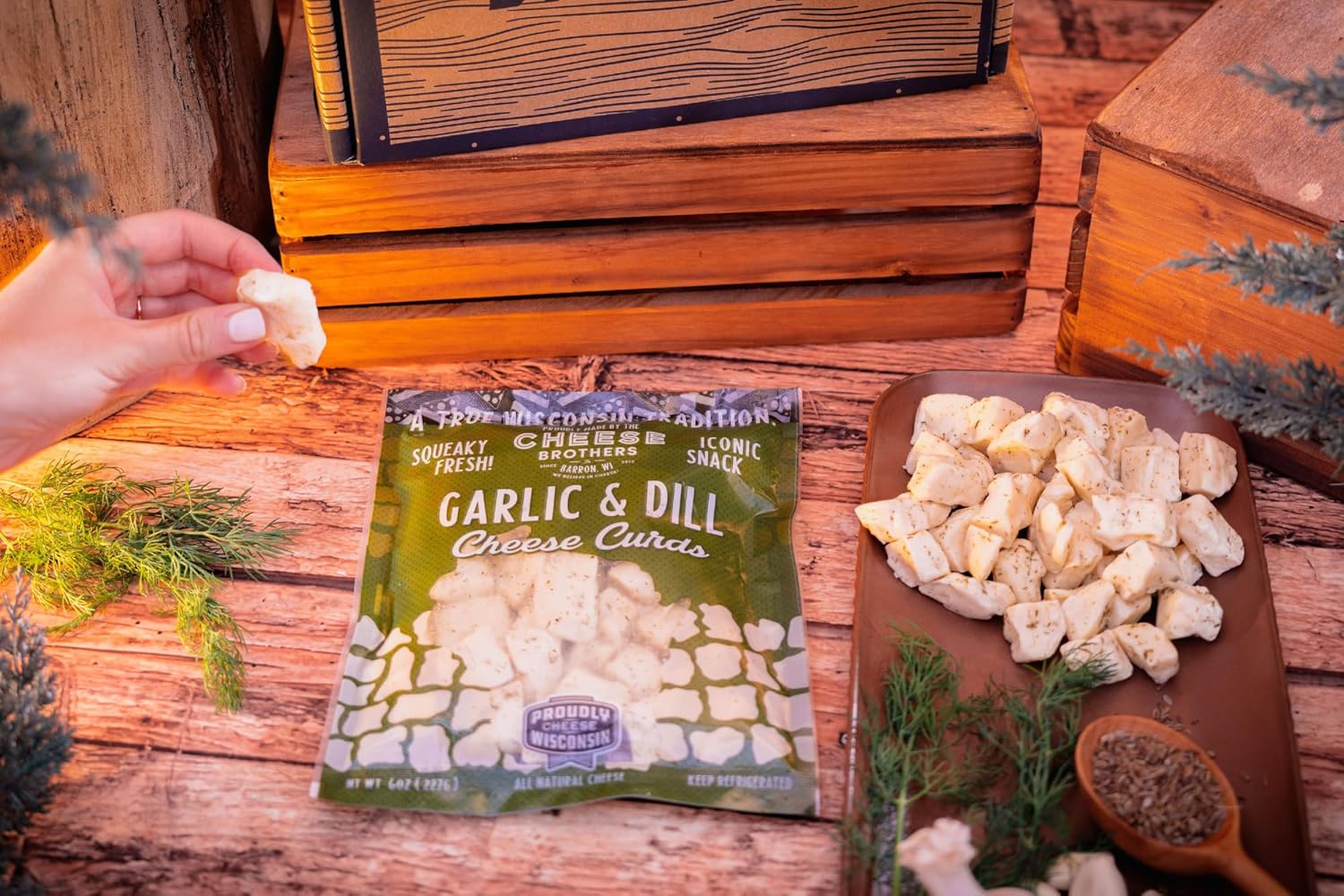 Cheese Bros Squeaky Fresh Wisconsin Garlic and Dill CHEESE CURDS | 4 PACK | 6 OZ bags | Gourmet Gift for Families