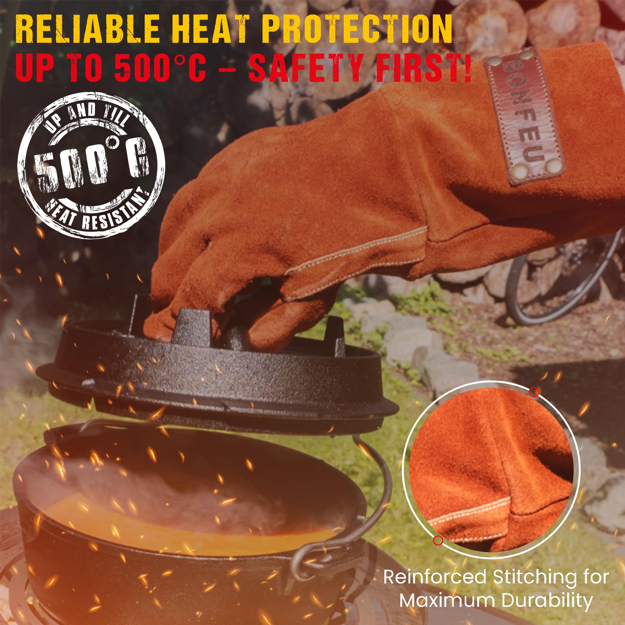 BonFeu BonGloves – rękawice odporne na wysokie temperatury – rękawice do grilla – odporne na temperaturę do 500 stopni – rękawice kuchenne do użytku na zewnątrz – rękawice kuchenne