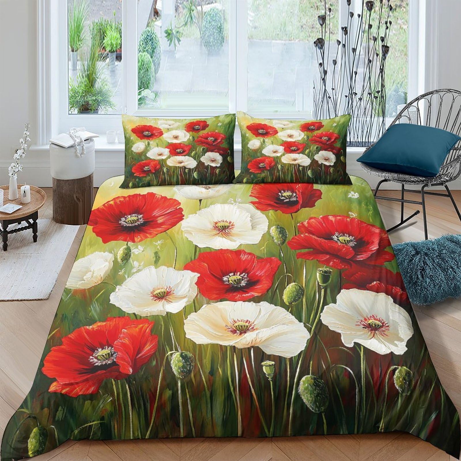 Ctjqhvkz Style-3 3D Printed Red Poppy Field Fitted Sheet Microfiber Soft White Poppy Bed Cover For Bedroom Guest Room Mattress Protection Single（135X200cm）