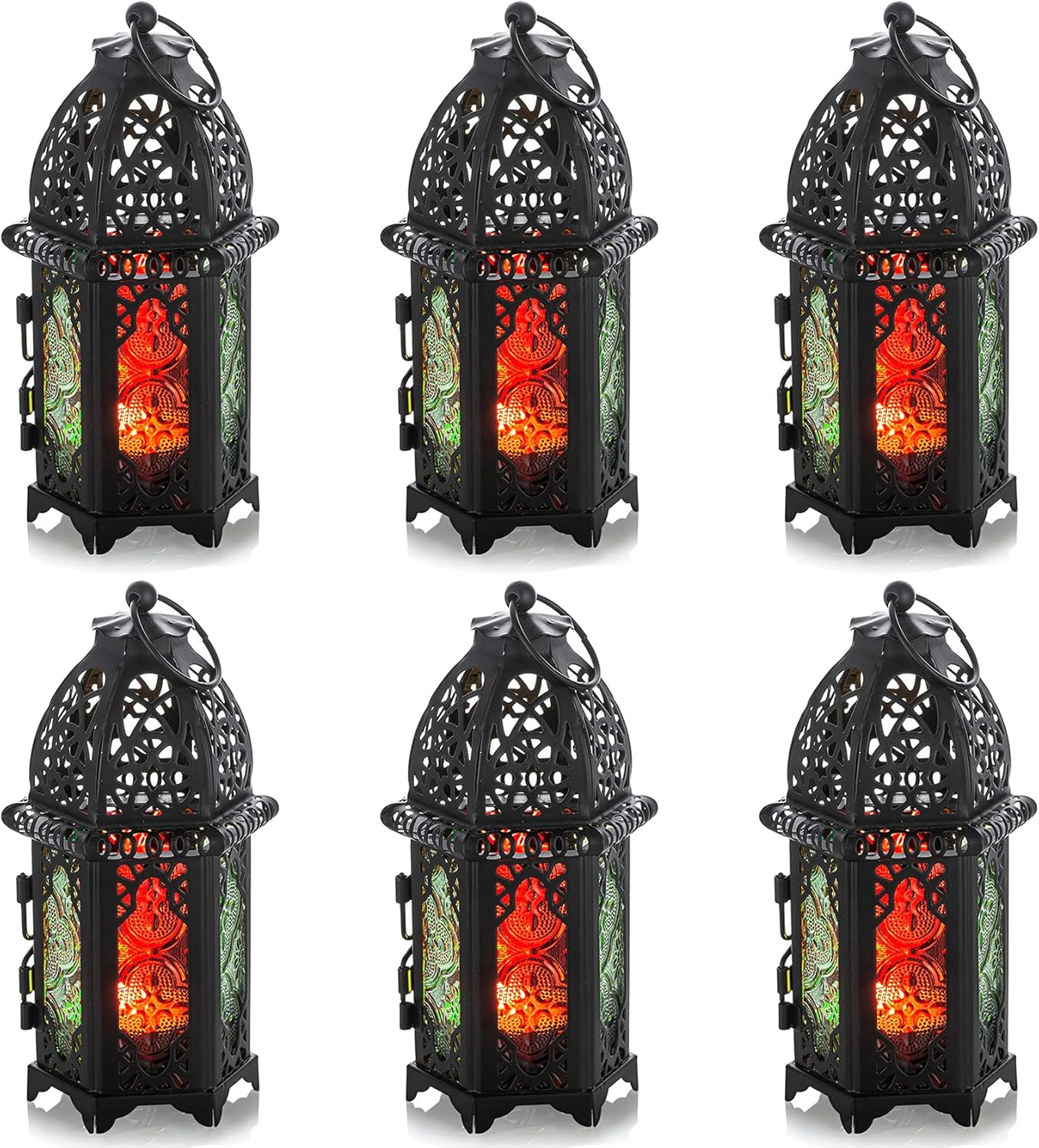 6 Pcs Hanging Candle Holder Lantern Centerpiece Desk/Hanging Glass Hexagon Moroccan Candle Lantern Holders, Black