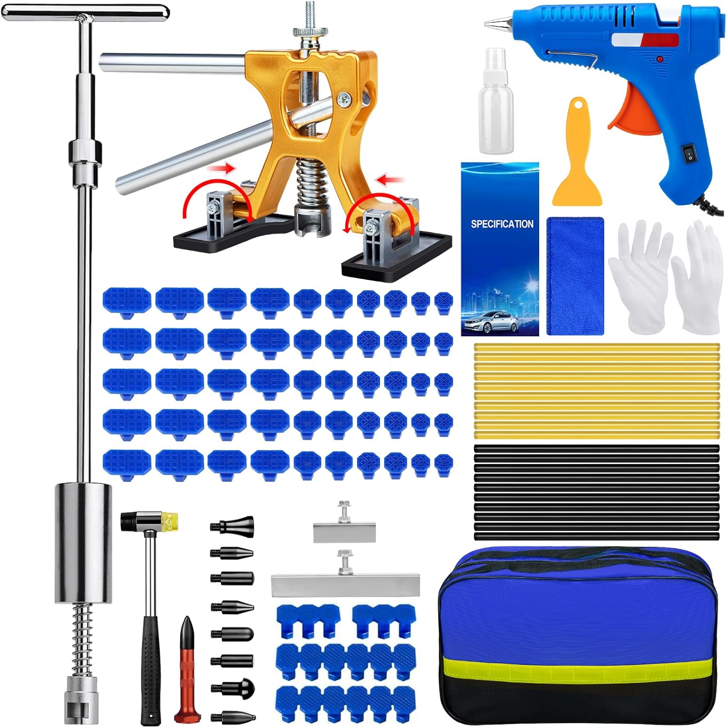 Dent Puller Kit, Paintless Dent Removal Tools for Dent Repair, Car Dent Remover with Slide Hammer 2 in 1 T-bar, Golden Lifter, Dent Puller Tool for Car Auto Body SUV Damage, DIY Repair