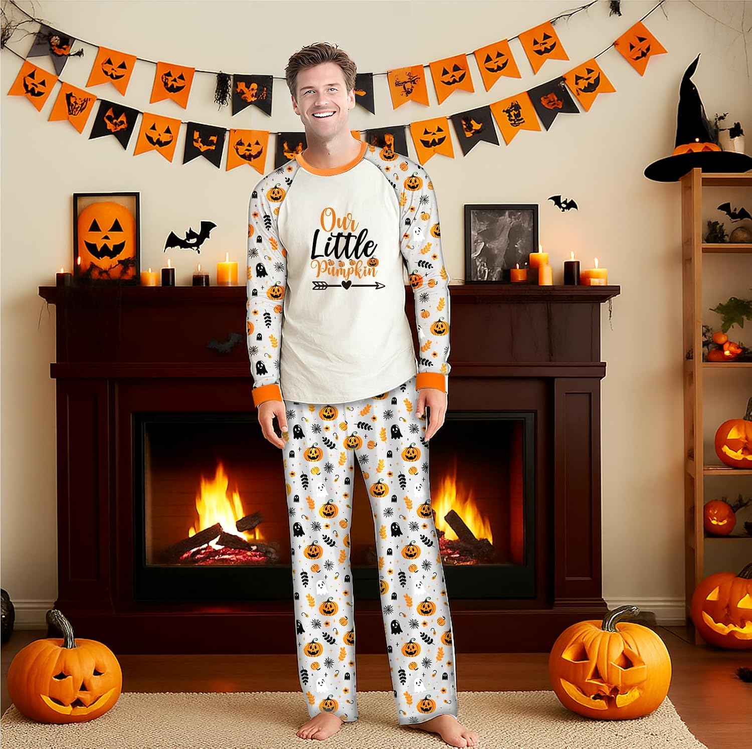 Family Matching Halloween Pajamas Set Long Sleeve Top & Pants 2 Piece Sleepwear Jammies Cute Pumpkin Ghost Spider Skeleton Pat Print Holiday Pjs for Women Men Couples