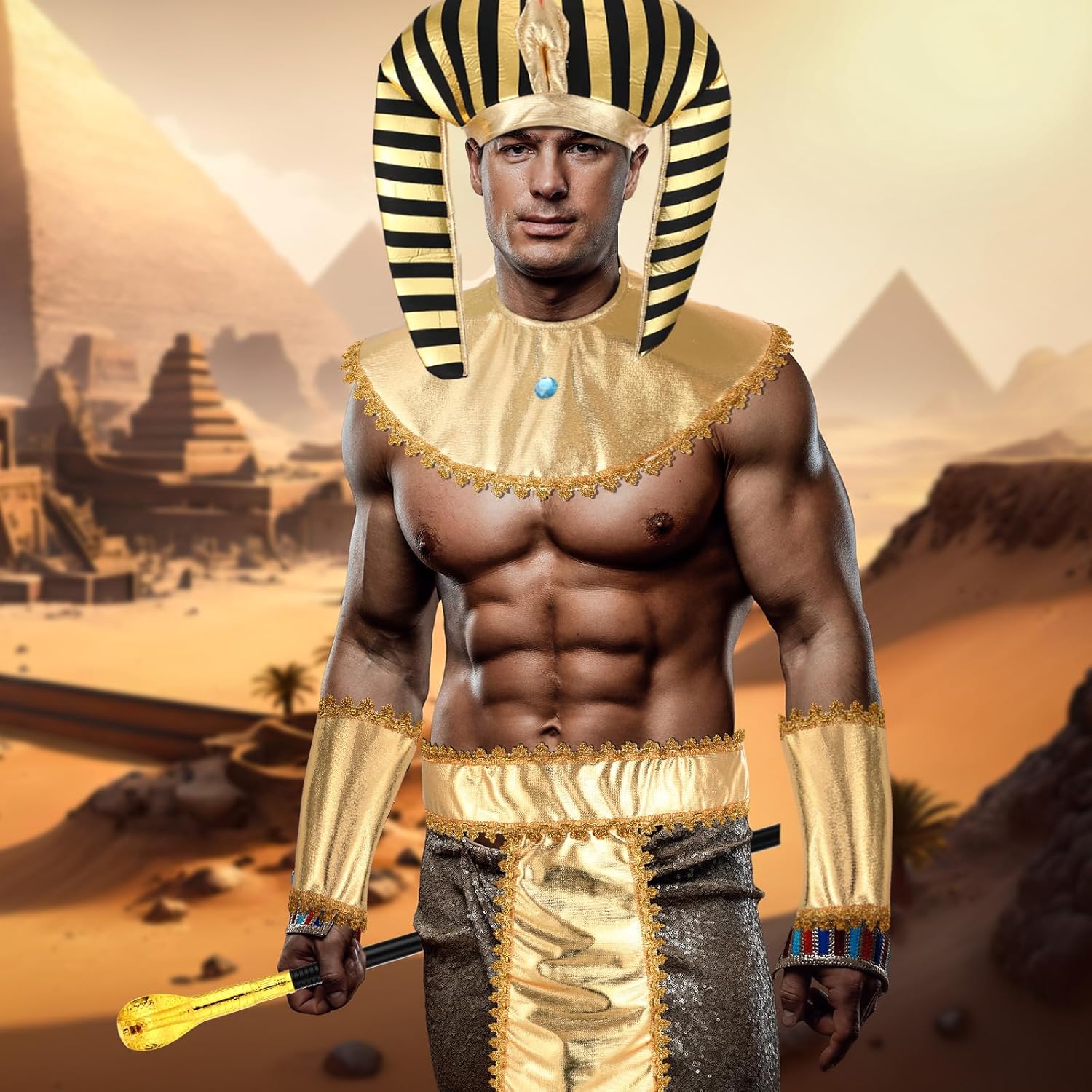 Ramede 5 Pcs Men Egyptian Pharaoh Costume Set Included Hat Headpiece Cuffs Pharaoh Cane Belt Collar for Halloween Cosplay(Classic) - Image 7