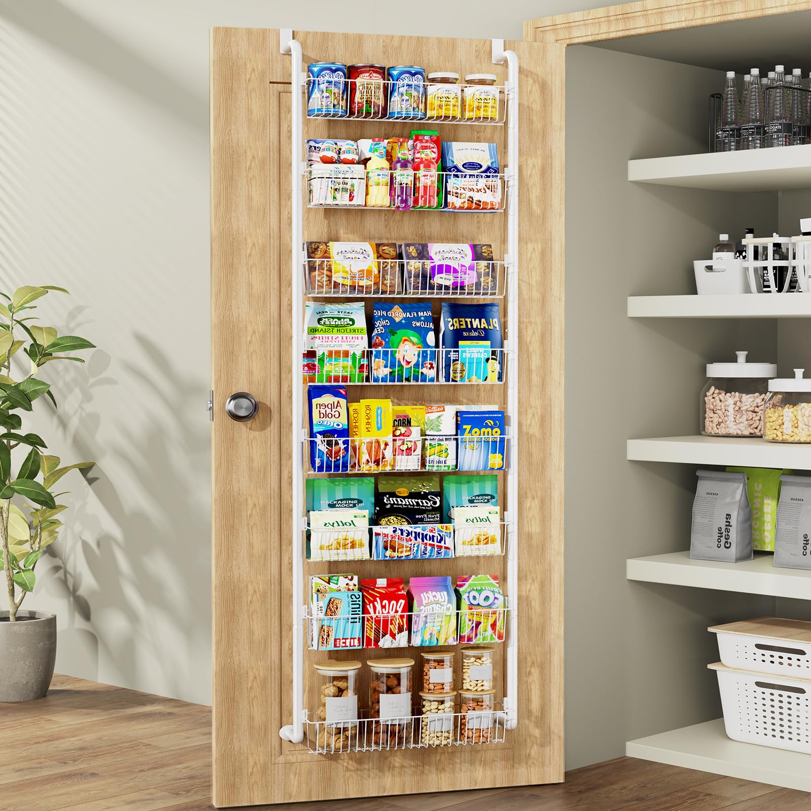 Over The Door Pantry Organizer, 8-Tier Pantry Organization and Storage, Metal Hanging Spice Rack for Pantry Door, Kitchen, Laundry, Bathroom Organization, Back of Door Seasoning Rack, White