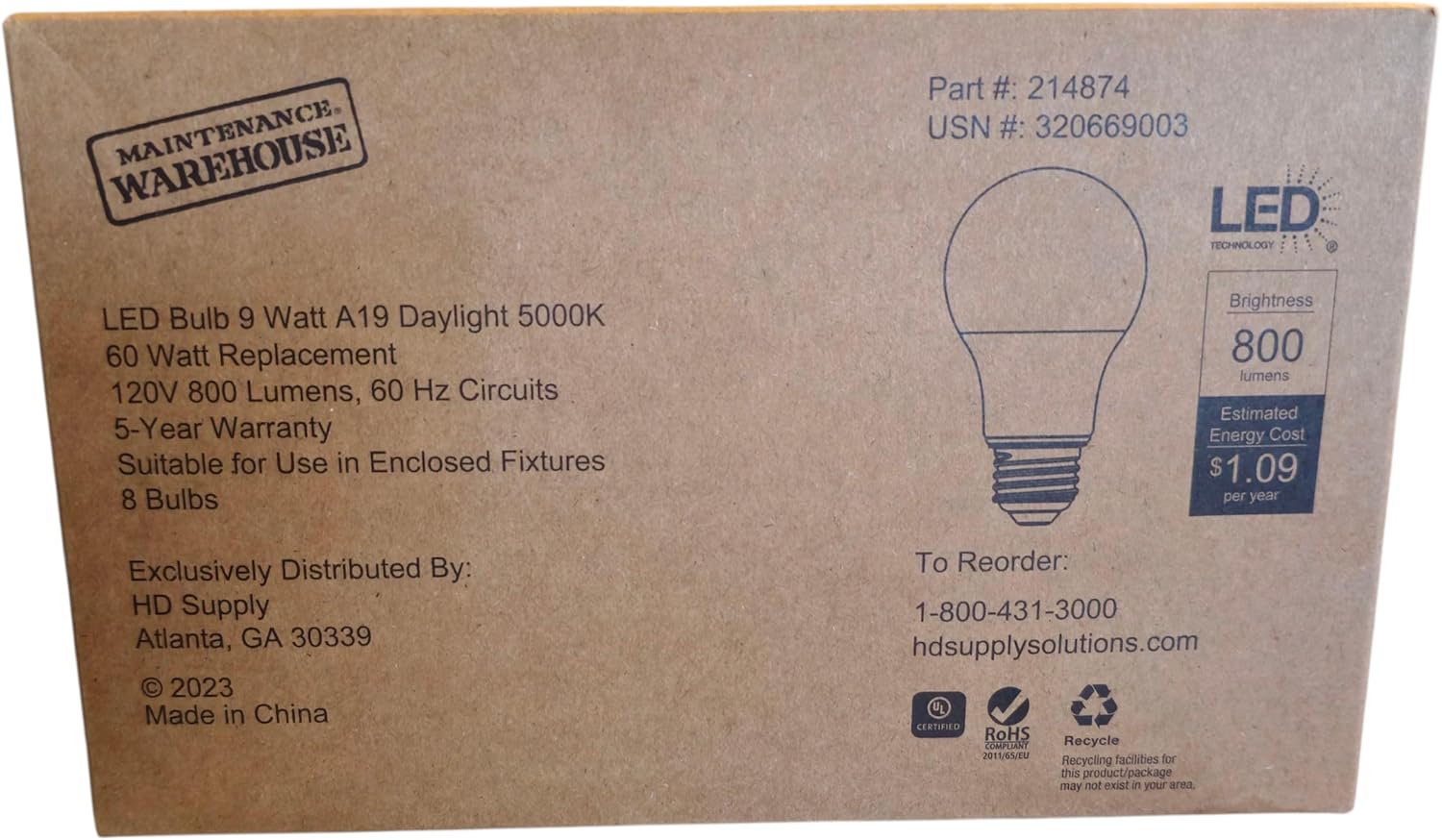 8-Pack A19 LED Light Bulbs,60 Watt Equivalent Daylight 5000K with E26 Base,Efficient 9W,800 Lumens Non-Dimmable LED Bulbs,15000 Hours, Ideal for Bedroom Living Room