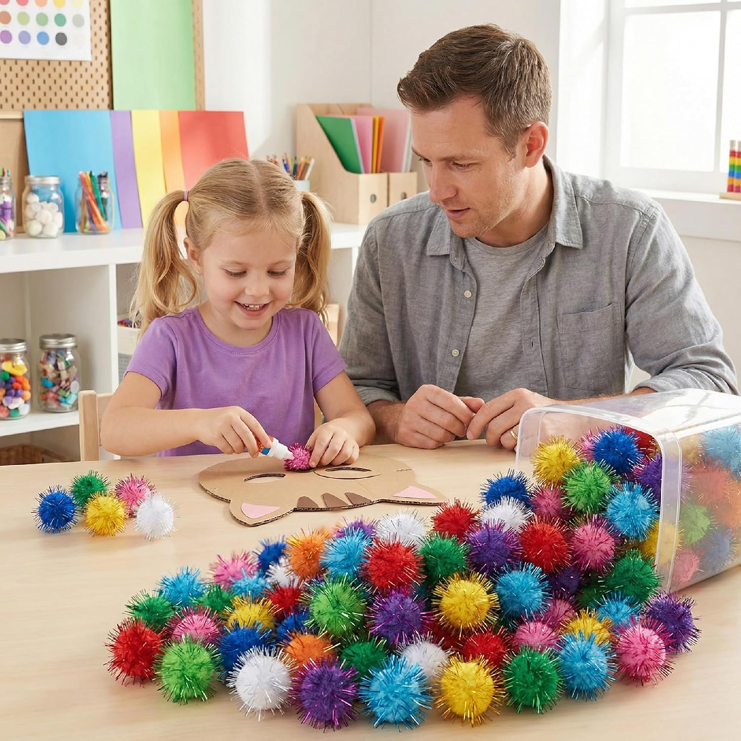 Alpinleux 100 Pcs Glitter Pom Pom Balls, Assorted Sparkle Pom Poms, Glitter Fluffy Craft Pompoms, Multicolor Soft Pompoms for Art Crafts, DIY Decorations (0.98 inch)