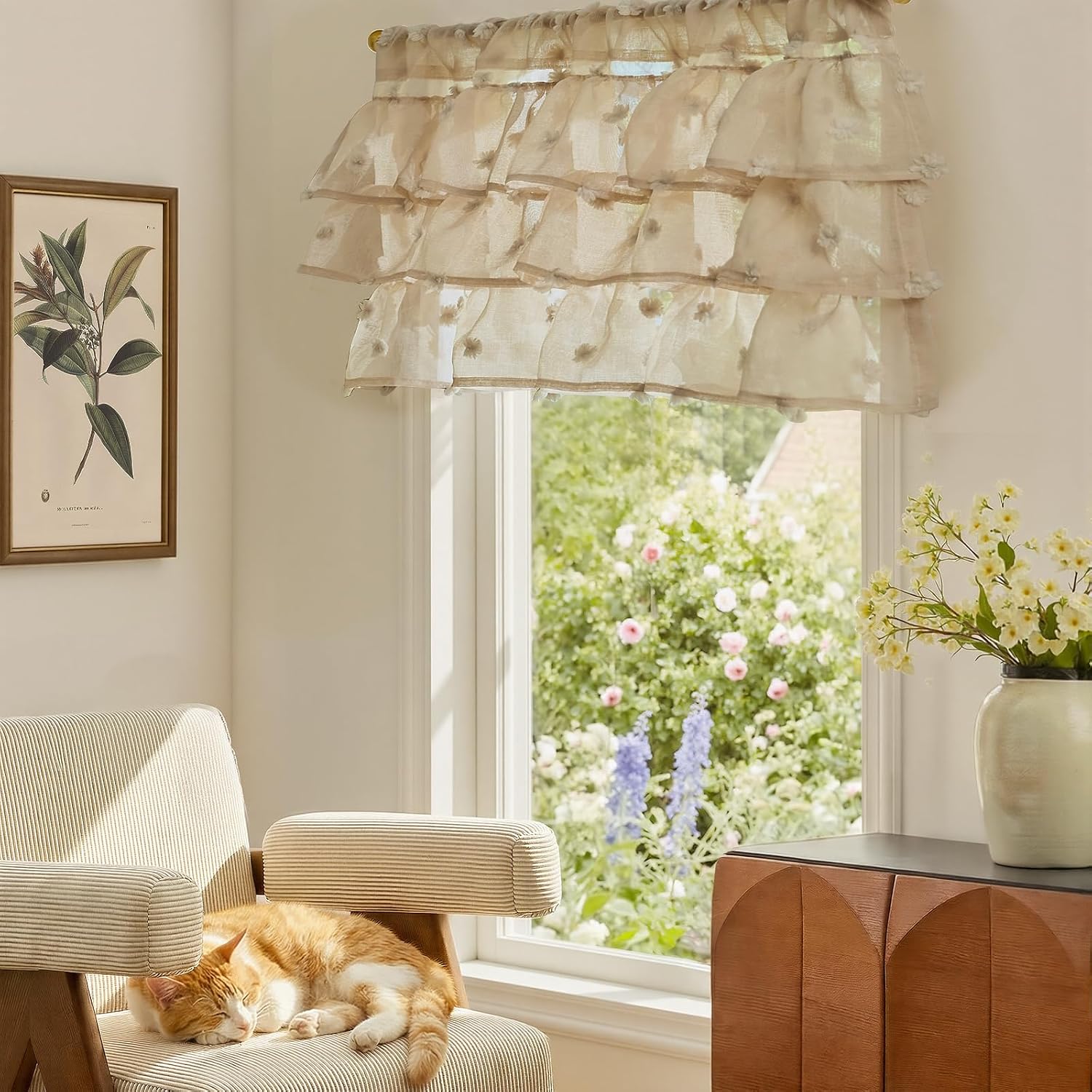 jinchan Ruffled Kitchen Valance Pom-Pom Sheer 1 Panel 18 Inch Beige image 3