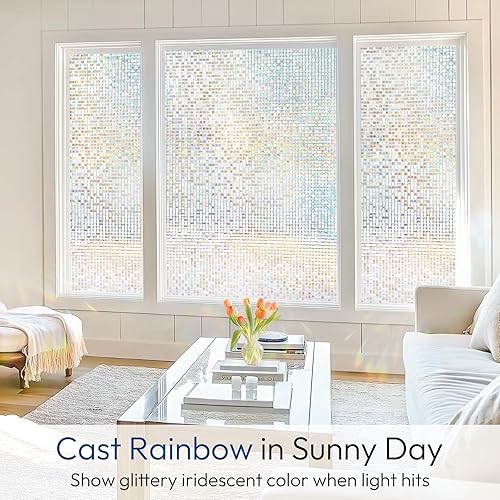 Miniatura 2 de rabbitgoo Película de privacidad para ventana mosaico de vitrales vinilo decorativo para ventana vinilo extraíble de color arcoíris bloqueo UV no