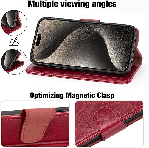 Miniatura 57 de Arae Compatible with iPhone 15 Case with Card Holder and Wrist Strap Wallet Flip Cover for iPhone 15 6.1 inch,Wine Red