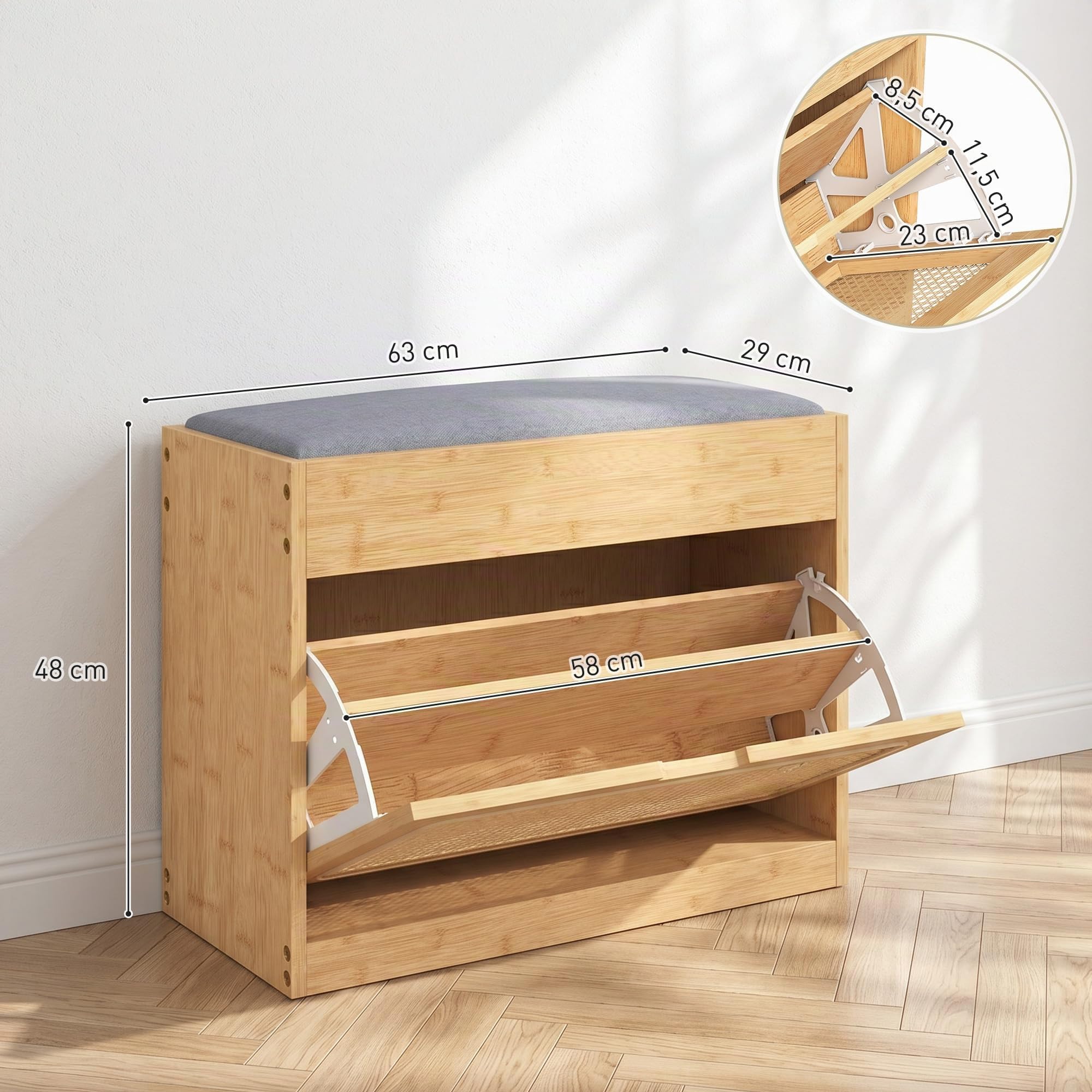 HOMCOM Banco Zapatero con Asiento Acolchado 63x29x48 cm Natural y Gris | Banco Recibidor, Cajón Abatible, Puerta de Ratán, Estante Ajustable, para Entrada, Pasillo, Salón