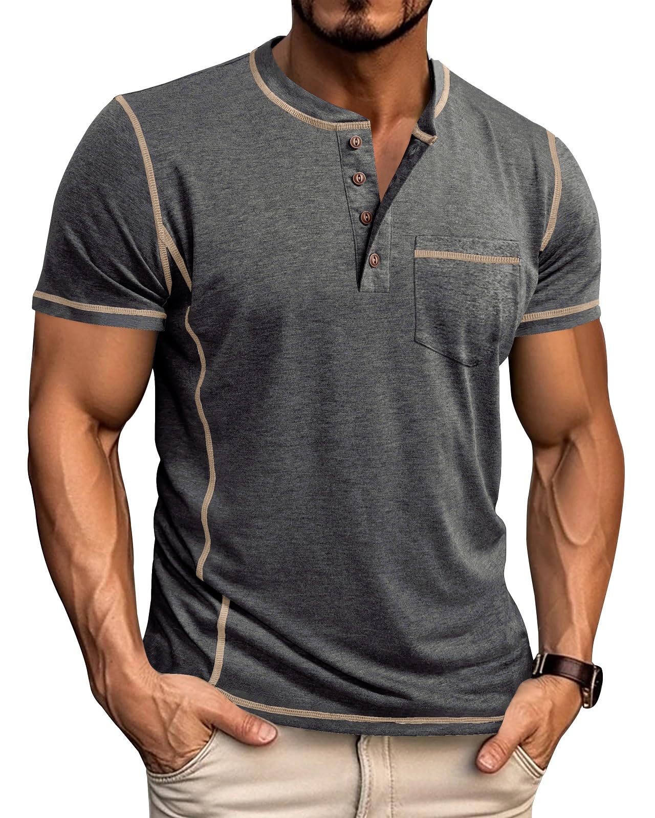 LAOARA T-Shirts Herren Henley Shirt Kurzarm V Ausschnitt Sommer Sport mit Tasche Knopfleiste Slim Fit Hemd M-3XL
