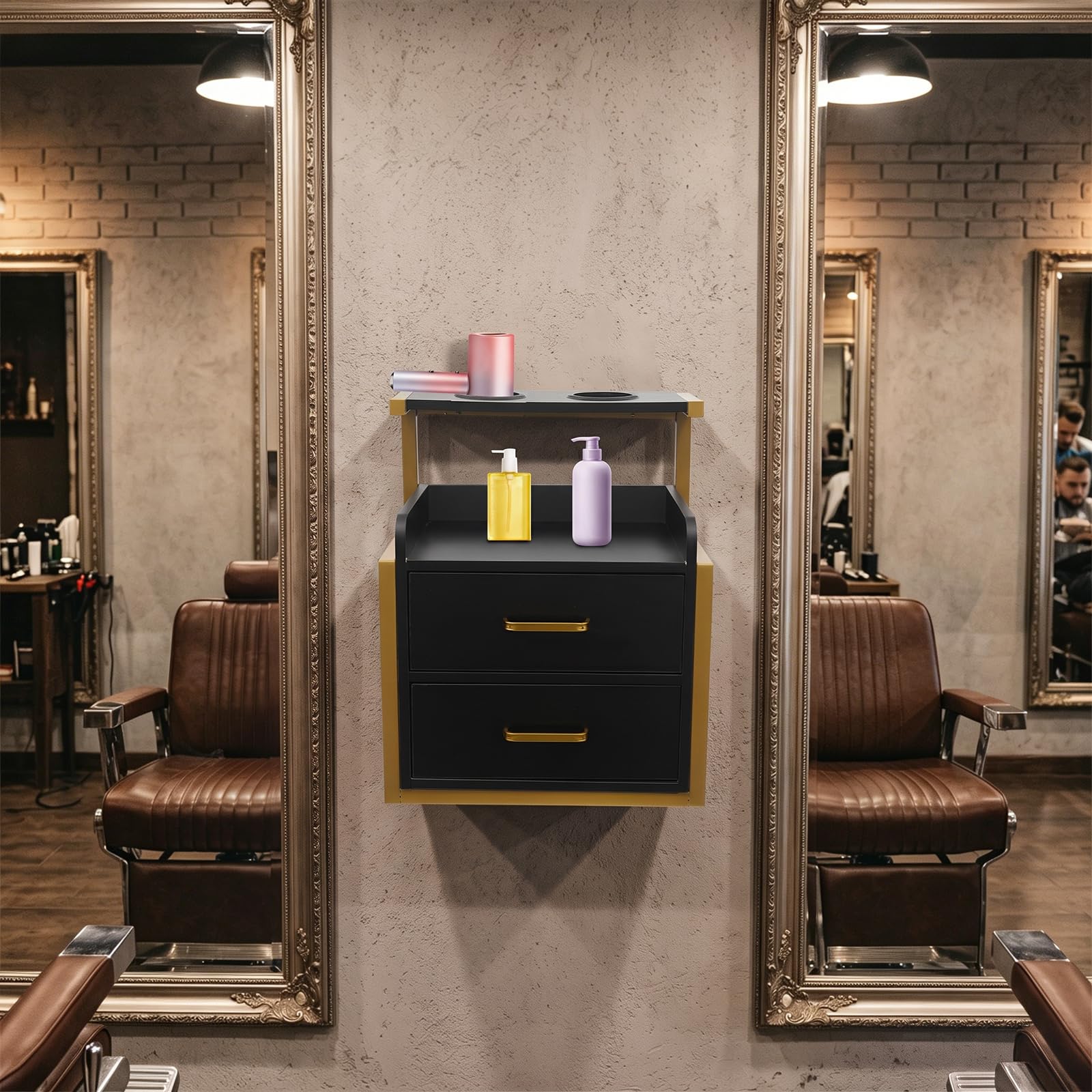 Armoire Murale pour Salon de Coiffure, Porte-Sèche-Cheveux & 2 Tiroirs