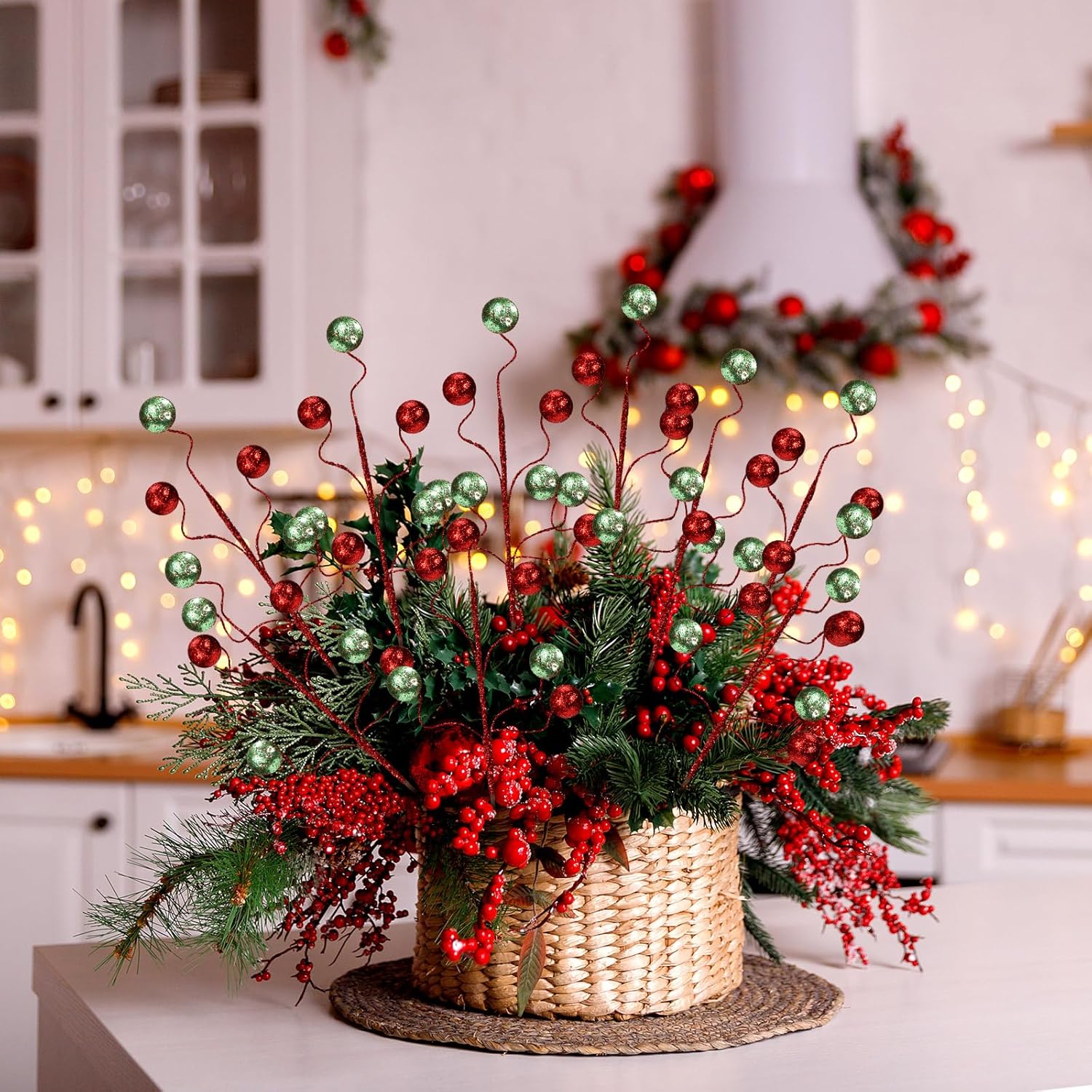 Hiboom 30 Pcs 14 Inch Red and Green Christmas Tree Picks and Spray Glitter Ball Curly Picks Large Artificial Berry Stems and Sticks for Christmas Tree Decor Holiday Vase Fillers Topper Ornaments
