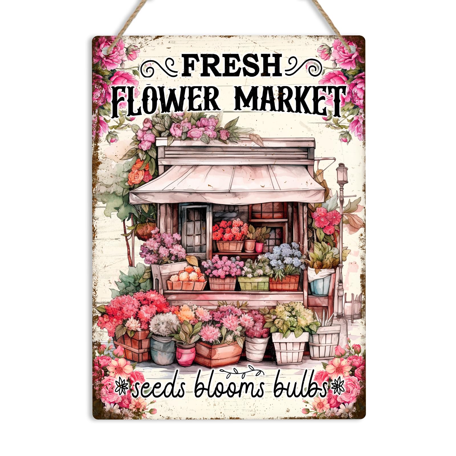 Yelacecca Fresh Flower Market Metal Sign Vintage Floral Wall Plaque Rustic Florist Gift Vintage Metal Sign Plaque Poster 8X12 Inches