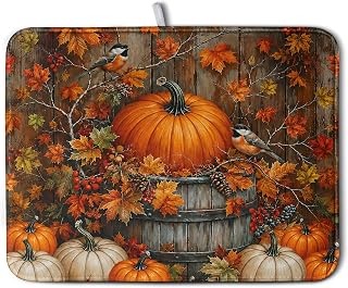 Fall Dish Drying Mat for Kitchen Counter 18x24 Autumn Pumpkin Maple Leaves Birds Dish Drying Pad for Dishes Microfiber Absorbent Dishes Drainer Mats Thanksgiving Dish Rack Mat