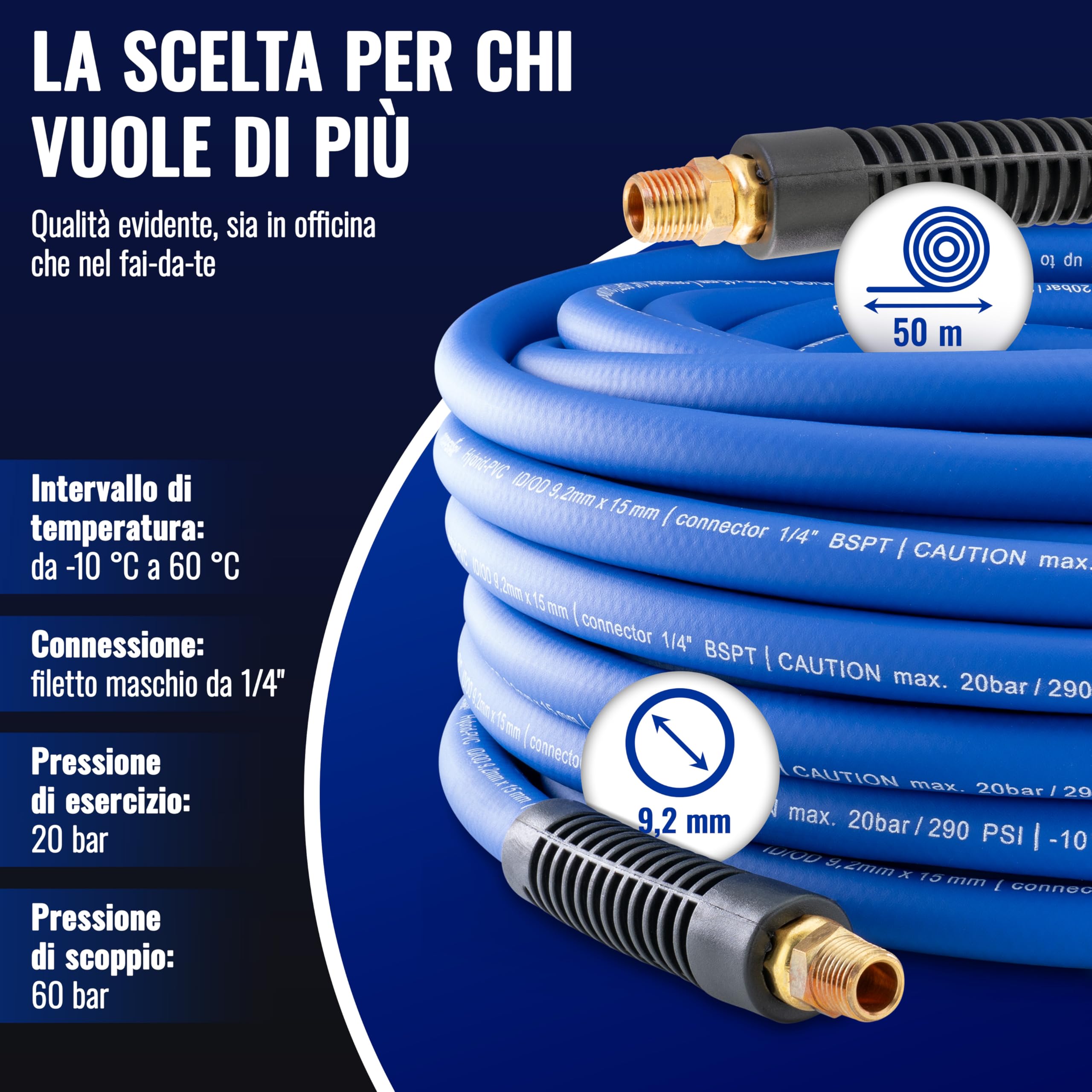 Poppstar Tubo per aria compressa in PVC ibrido 50 m, diametro interno 9,2 mm, beccuccio in ottone 1/4", 20 bar, blu