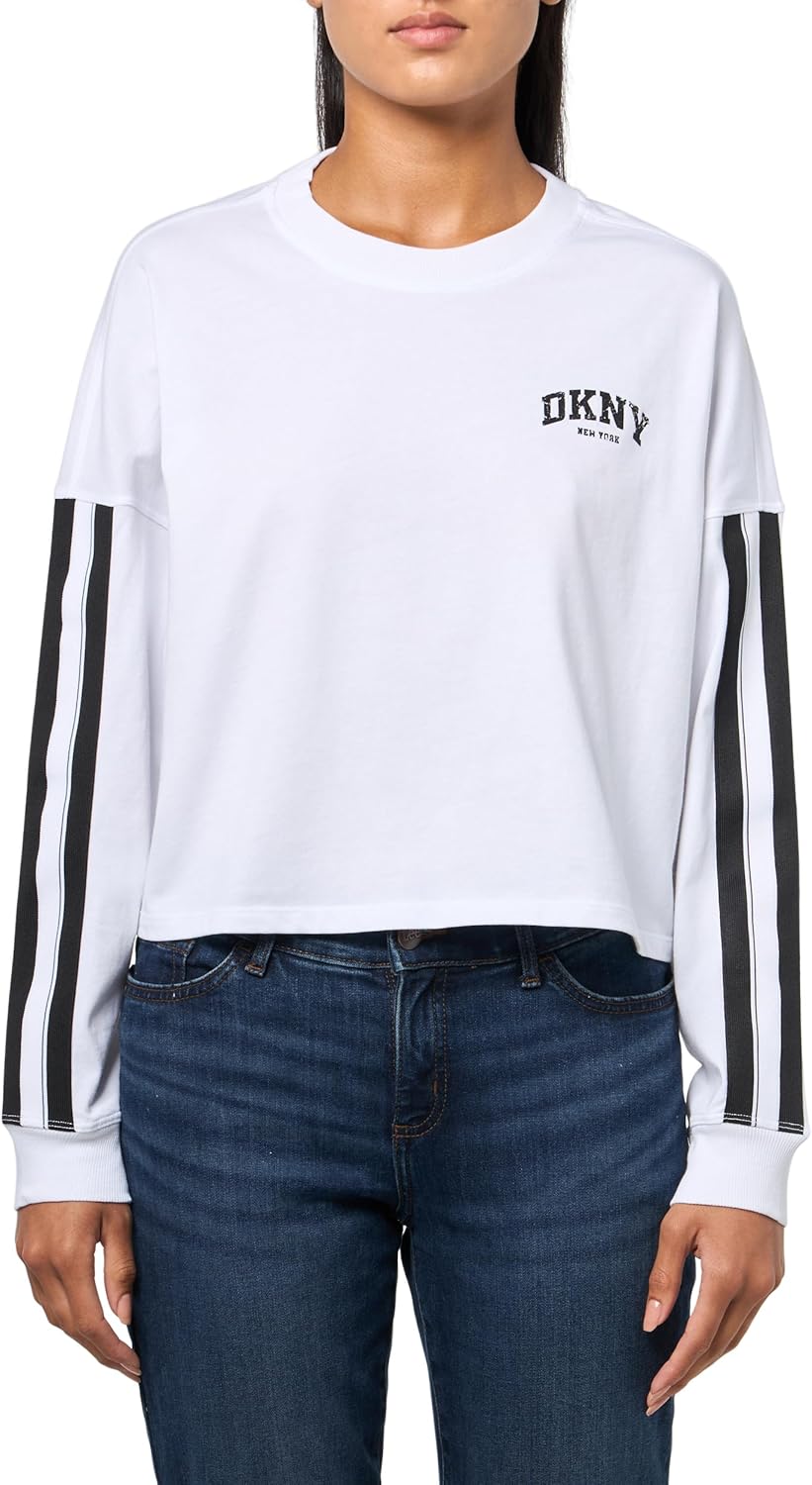 DKNY womens Stripe Varsity Logo Cropped Crewneck Sweatshirt - Image 6