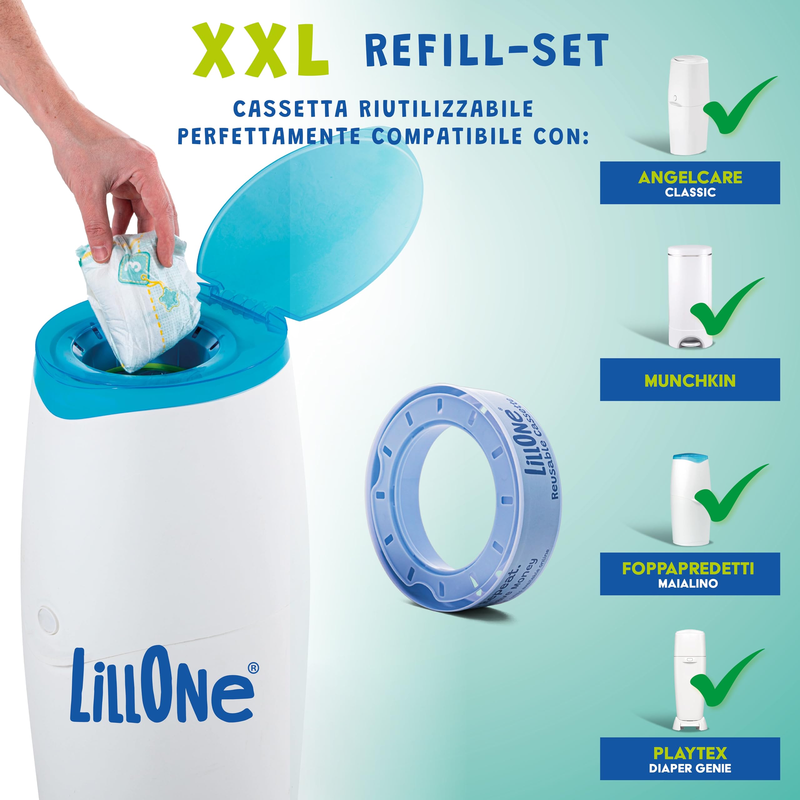 LillOne XXL-SET 10 Ricariche da Oltre 10 Metri + 1 Cassetta Riutilizzabile - Compatibili con Mangiapannolini Maialino Foppapedretti, Angelcare, Munchkin - Extra Lunghe Alta Densità