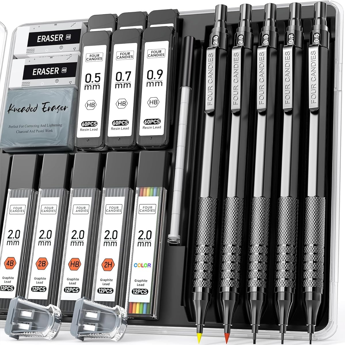 Amazon.com : Four Candies Metal Mechanical Pencil Set, 3PCS Art Drafting Pencils 0.5, 0.7, 0.9MM & 2PCS 2MM Mechanical Drawing Pencils with 420PCS Leads (4B 2B HB 2H Color) for Writing Sketching Drawing (Black) : Office Products