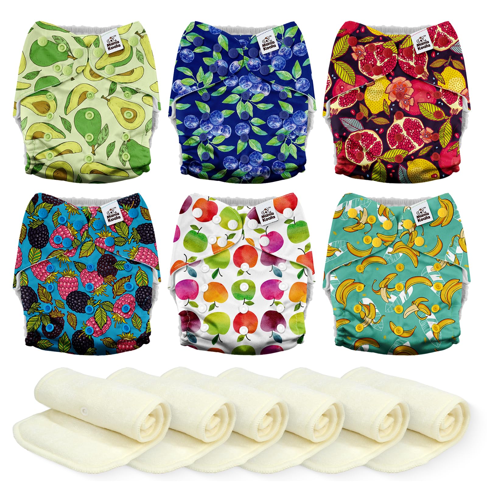 Mama Koala 6 Pack Reusable Cloth Diapers 3.0 for Babies Girls Newborn, One-Size Adjustable Baby Diaper, Durable Stitching, Back Opening for Inserts, Breathable Awj Lining, Leak Prevention-Fruit Meet..