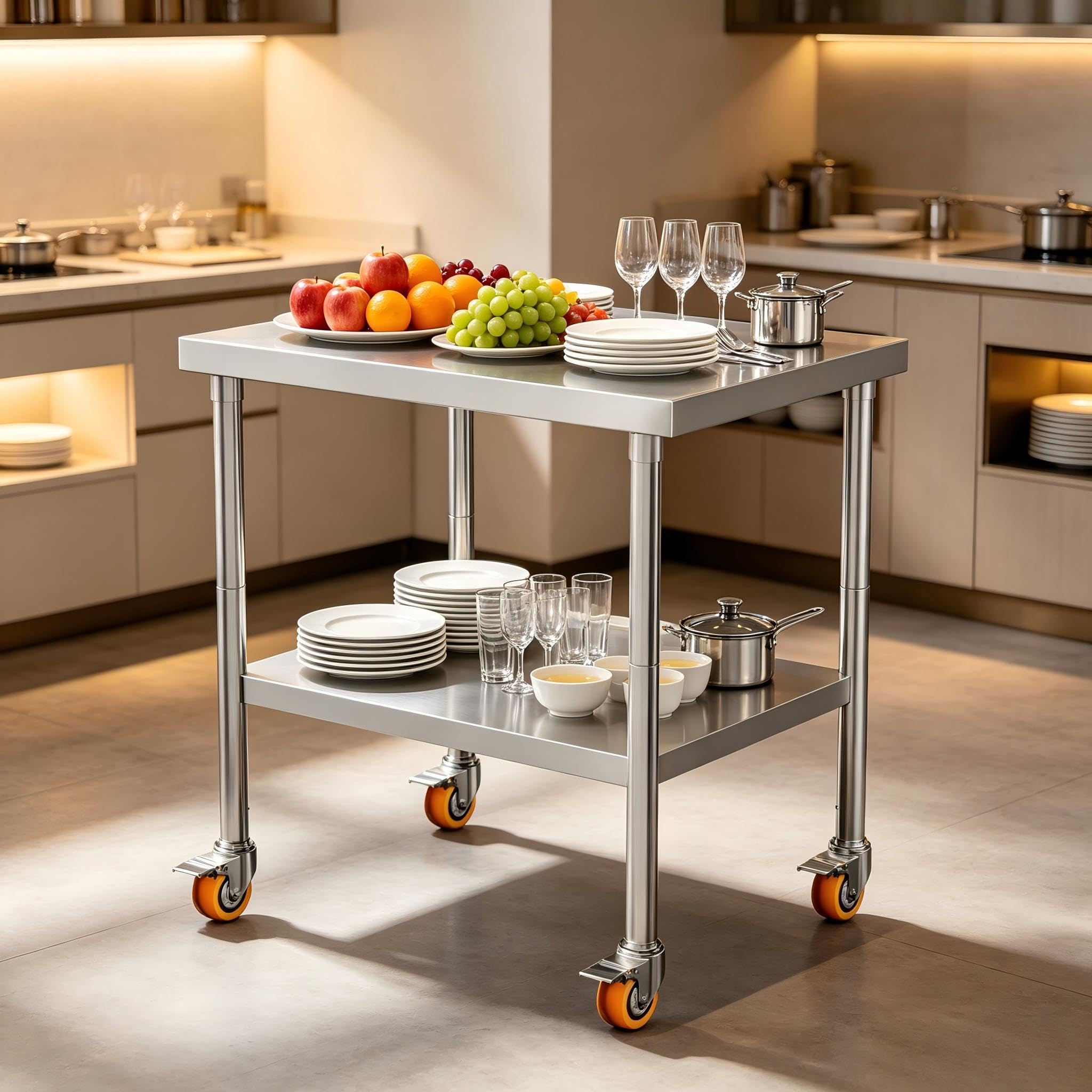 YRHome 4 Räder Edelstahl Arbeitstisch Küche Höhenverstellbar Mobile Doppelschicht Werkbank Grillwagen BIS 300KG Edelstahltisch Für Restaurant Schule Campingparty - XL - 85x 76x 60cm (LxBxH)