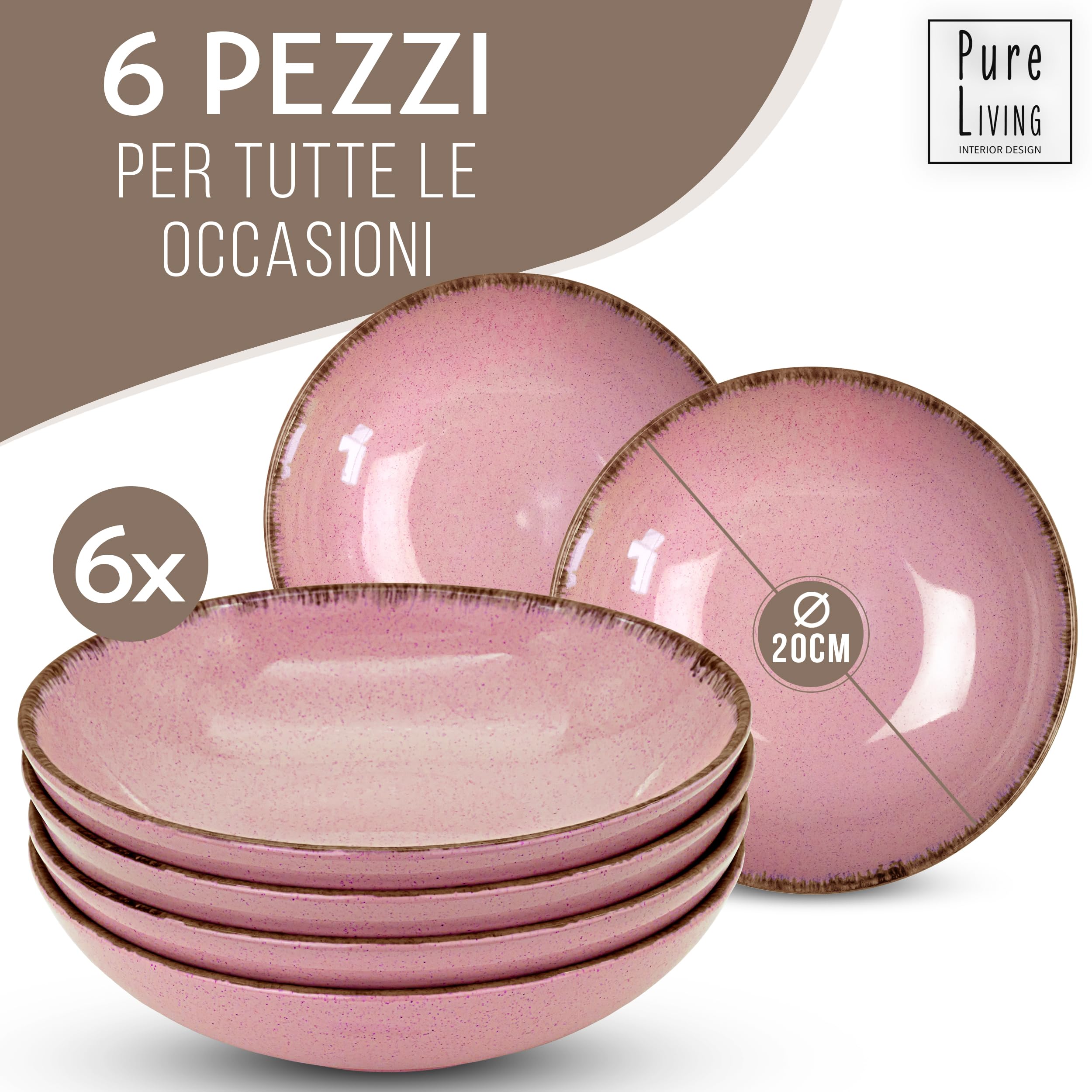 Set di 6 Piatti Fondi Rustici - Steingut di Qualità Premium, Lavabili in Lavastoviglie - Elegante Set di Piatti Profondi per 6 Persone, Ideali per Zuppe, Insalate e Pasta - Pure Living rosa