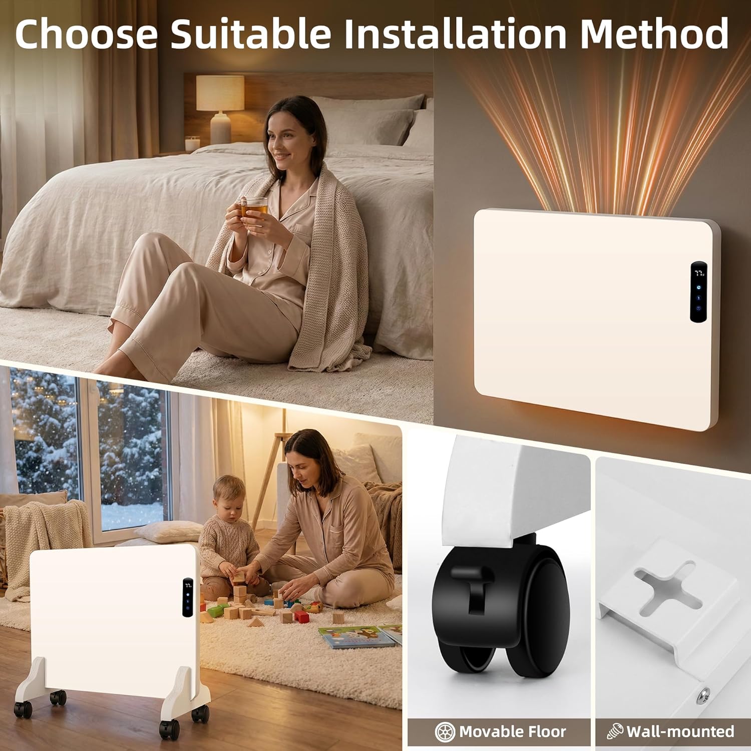 Smart Convection Space Heater, Movable Floor Heater with Wall Mounted Kit for Indoor Use, 600W Energy Efficient, Remote/APP Control, Quiet for Bedroom, Office etc