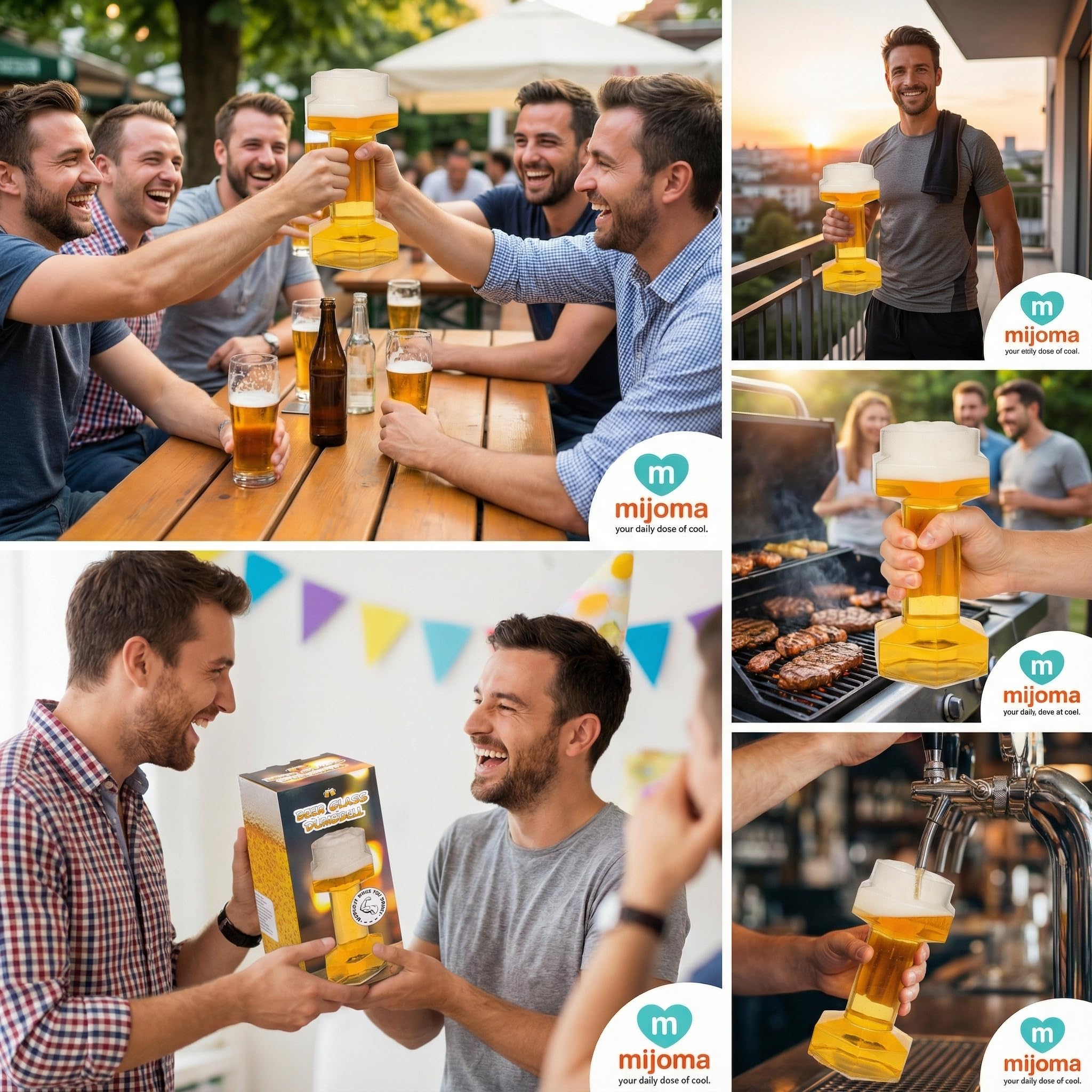 MIJOMA Bicchiere da birra a forma di manubrio, 22 cm – 700 ml – Allenamento casual per sport del bere, manubrio per amici della birra per fitness e feste – Un'avventura birraria per gli amanti del