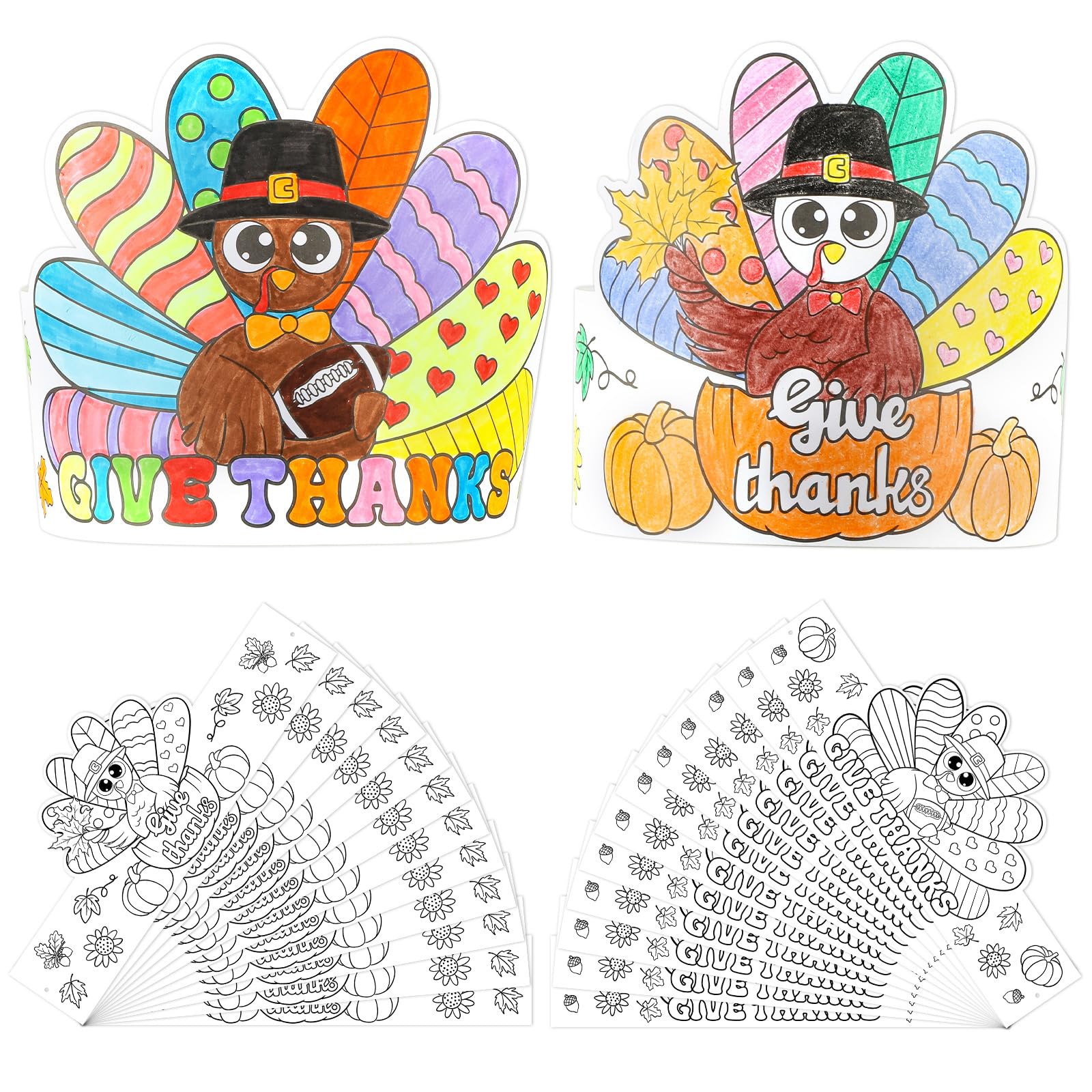 Hedeey Color Your Own Turkey Crowns,24Pcs Thanksgiving Turkey Coloring Crowns Paper Turkey Hats Thanksgiving Crafts for Family and Holiday Craft