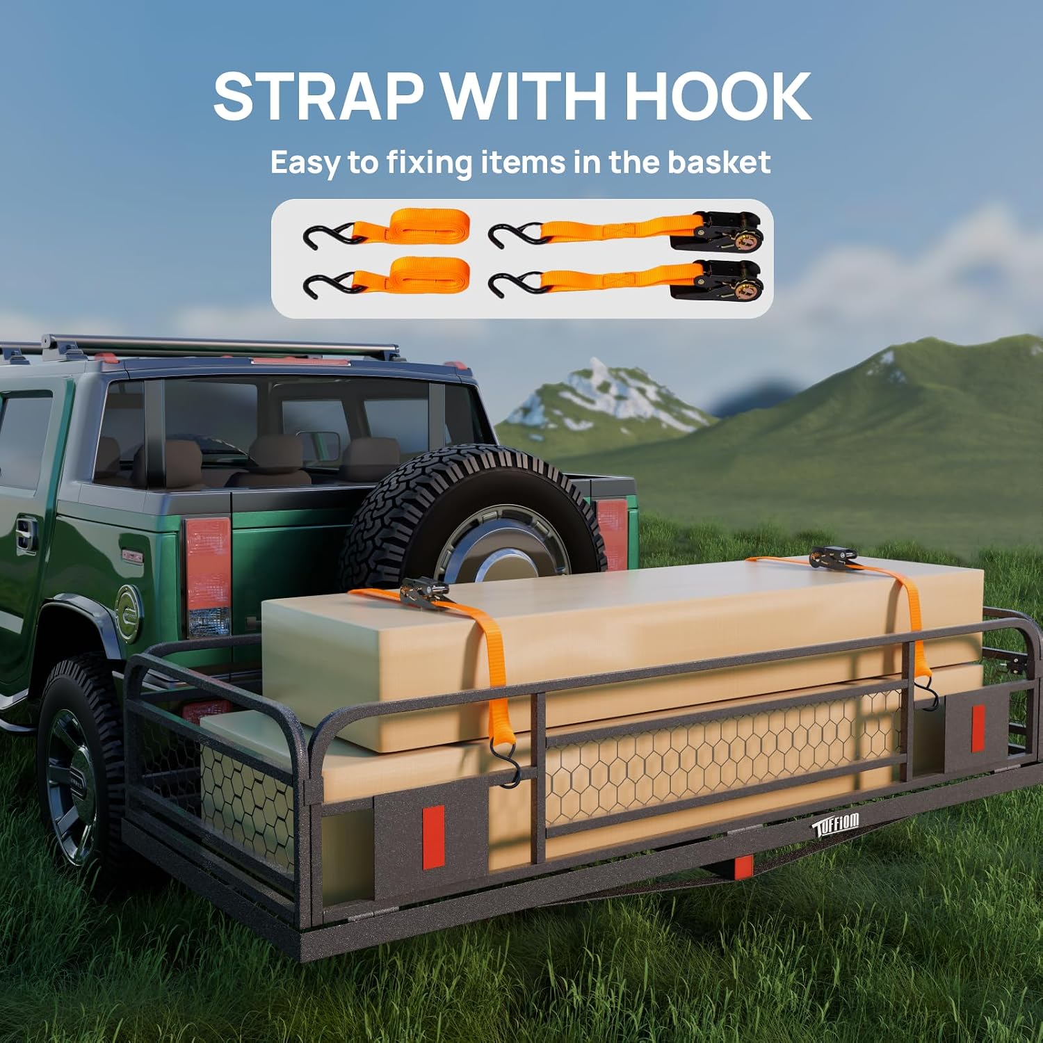 TUFFIOM 60"x24"x14" Folding Hitch Mount Cargo Carrier Basket, Upgraded 14" Height 500lbs Steel Car Cargo Trailer Hitch Luggage Rack with Straps & Stabilizer for SUV Car Truck Van