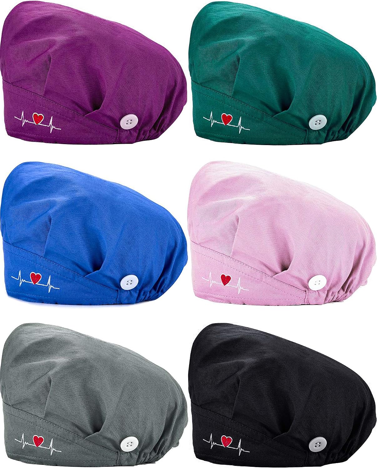 SATINIOR 6 Pcs Scrub Caps for Women with Buttons, Adjustable Bouffant Surgical Caps Cotton Scrub Hat Sweatband, Breathable Cute Design for Nurses and Doctors (Multicolored)