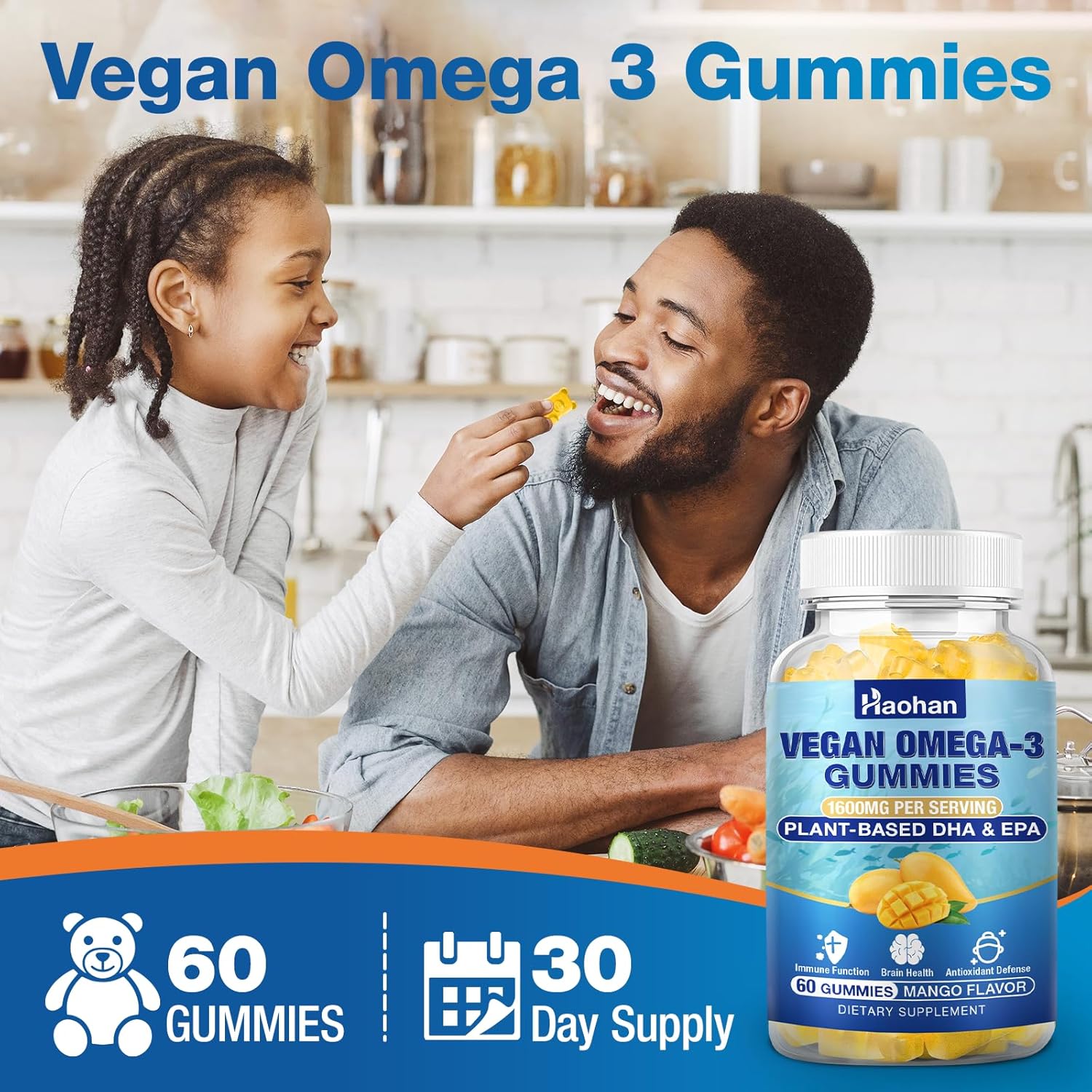 Omega-3 Gummies for Adults, Orange Flavor – Sugar-Free, Algae-Derived DHA 600mg & EPA 300mg, with Vitamins A, C, E, Zinc, 120 Gummies