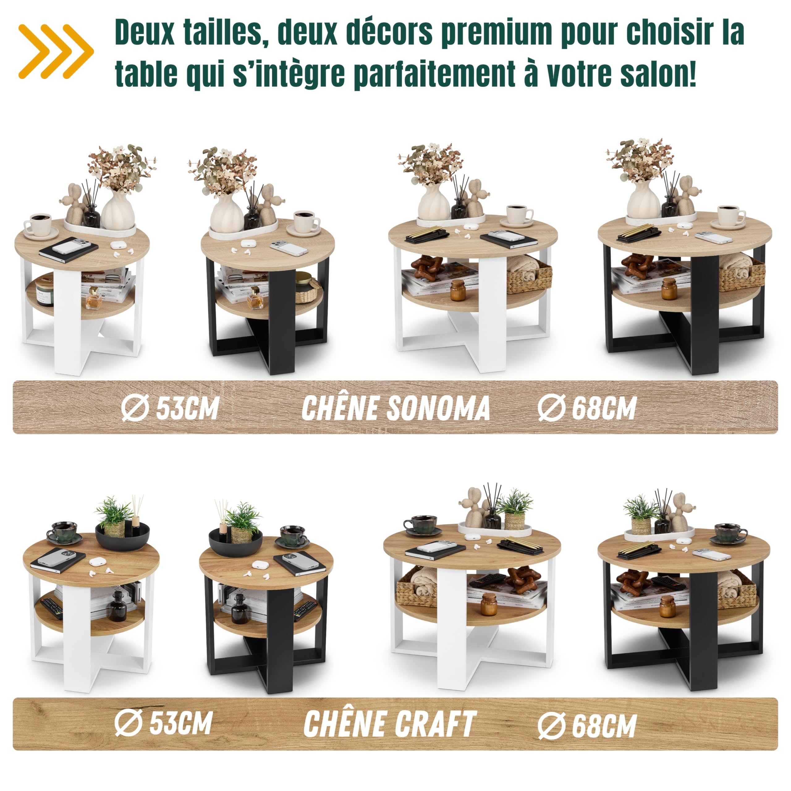 defiPad Table Basse Ronde Ø70 cm – Table d’appoint Bout de canapé avec étagère, 2 Niveaux, Meuble de Salon Moderne, Blanc et chêne, Design Industriel, fabriquée en UE (Noir et Chêne)