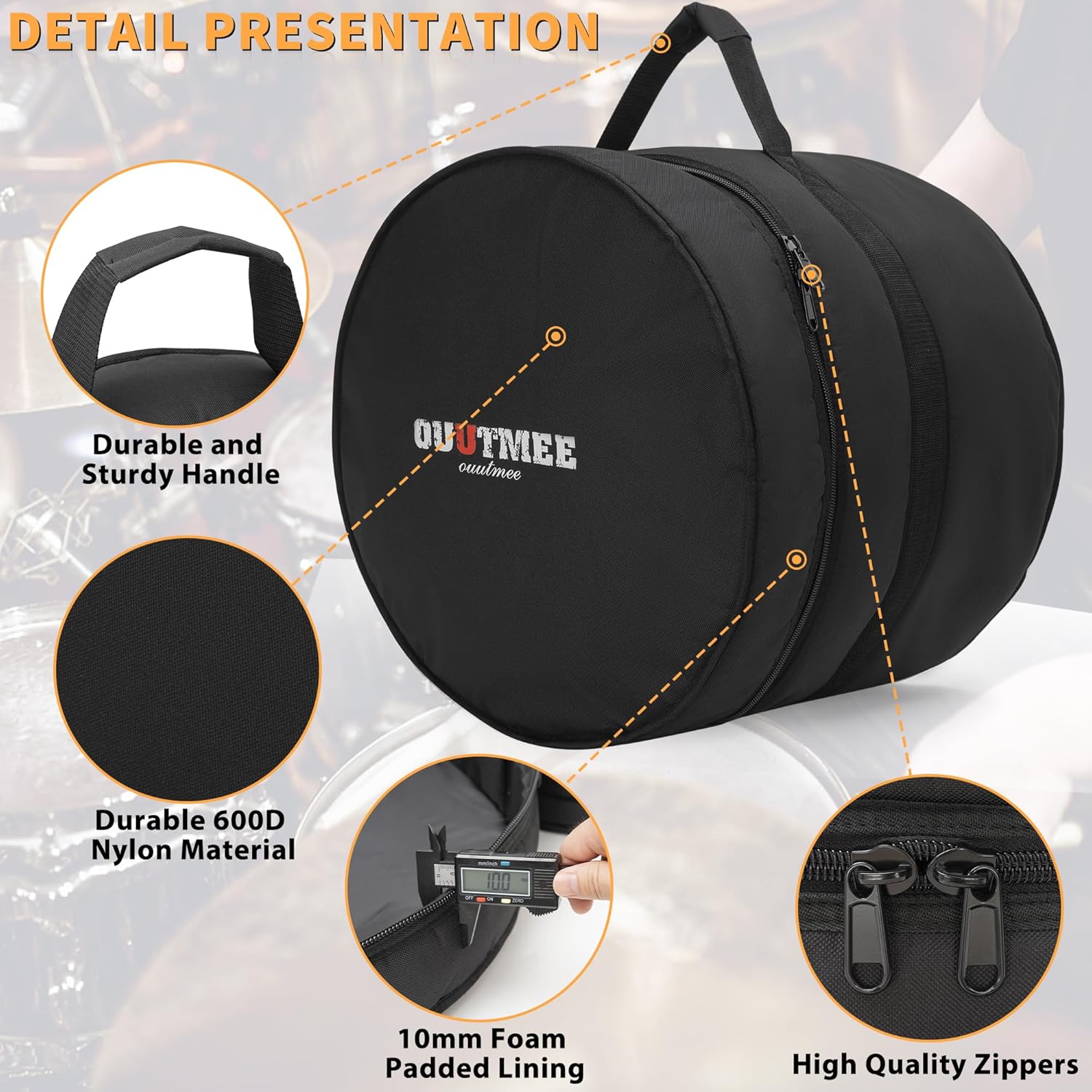 Floor Tom Drum Bag For Floor Tom 16"x16"/16"x14", 10mm Thick Padded Travel Drum Case