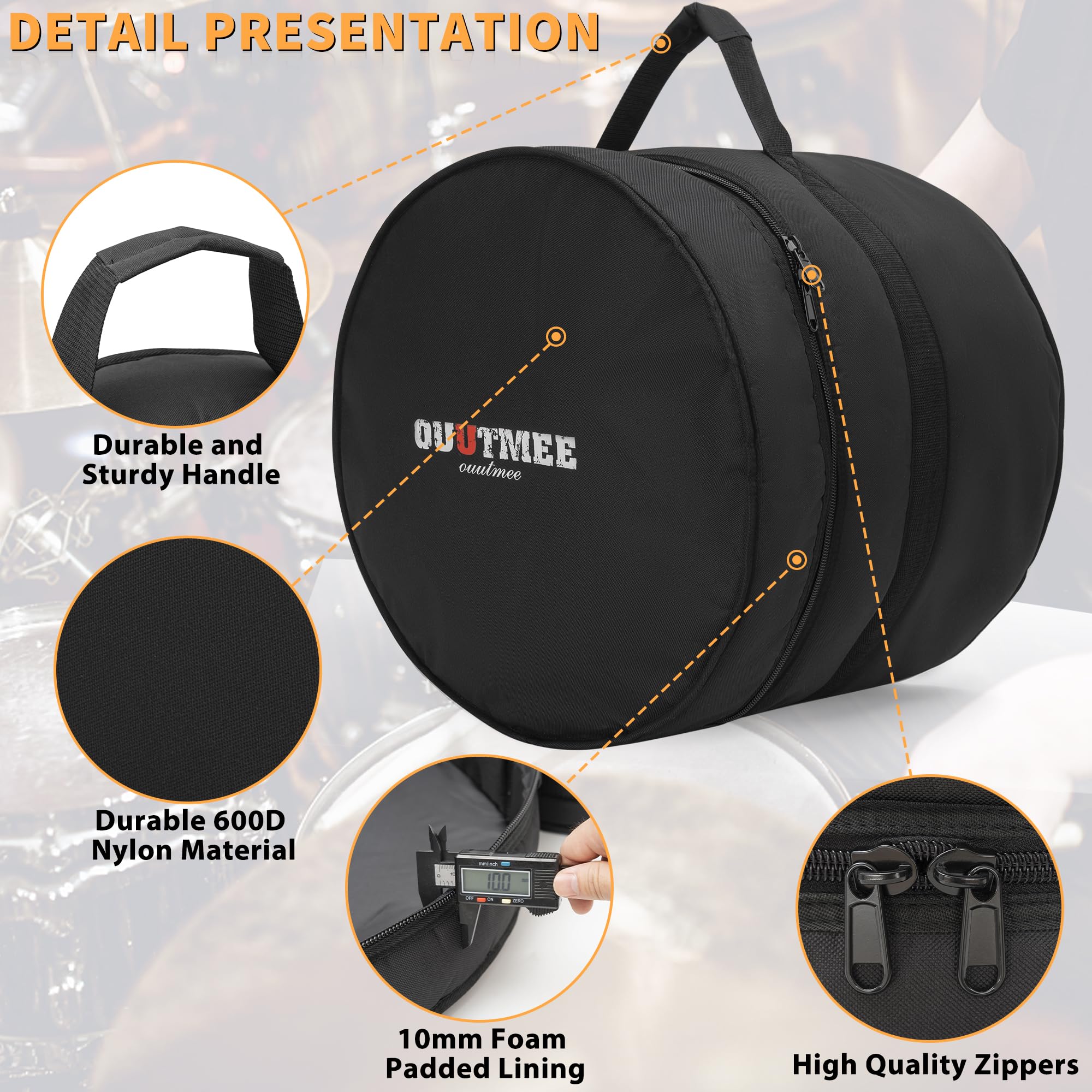 OUUTMEE Floor Tom Drum Tasche für Floor Tom 40,6 x 40,6 cm/40,6 x 35,6 cm, 10 mm Dicke, gepolsterte Reise-Trommeltasche | Tragbare Reise-Trommel-Tragetaschen für Aufbewahrung und Transport von Gigs