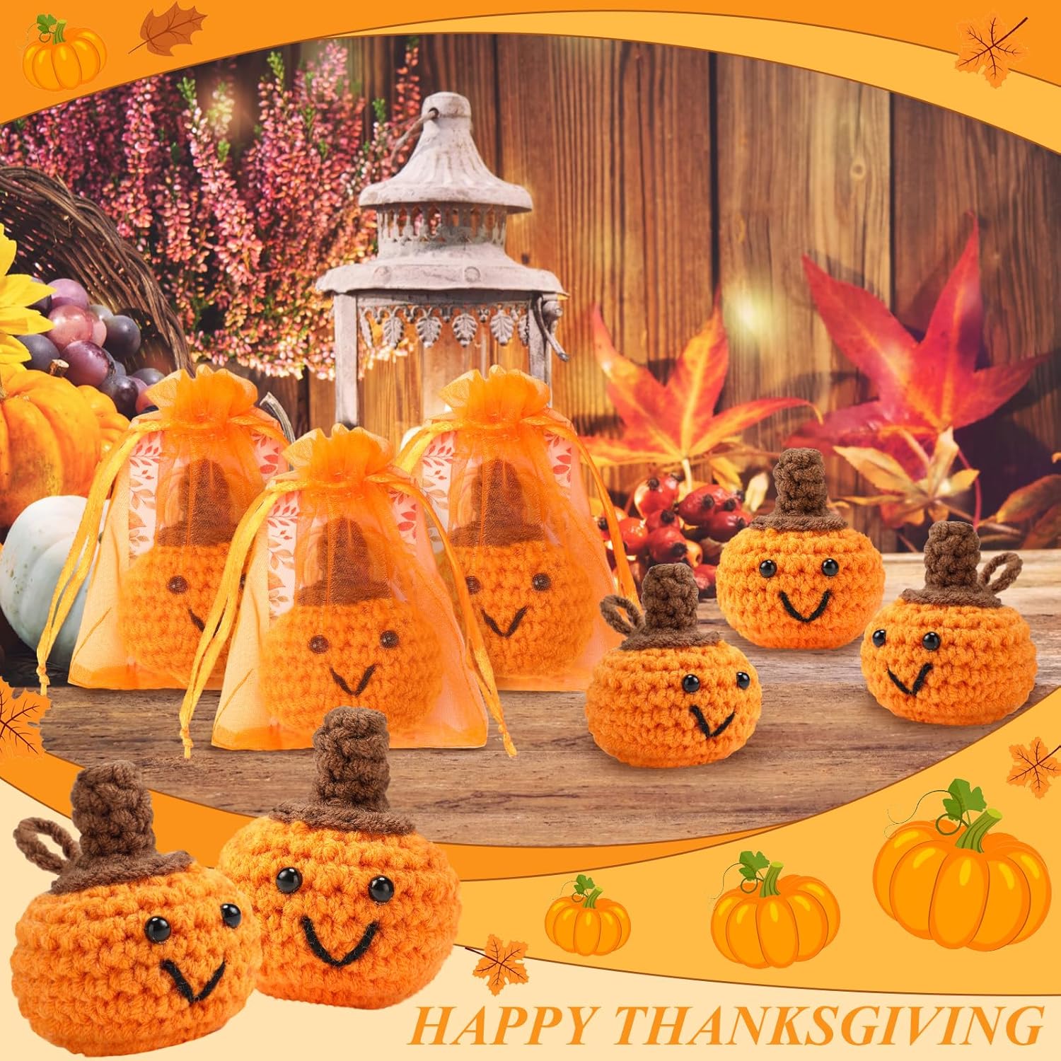 Shappy 50 Sets Fall Pumpkins Bulk Smily Artificial Crochet Pumpkins Keychains with Positive Greeting Cards Organza Bags Small Novelty Thanksgiving Harvest Party Favors Home Table Decor