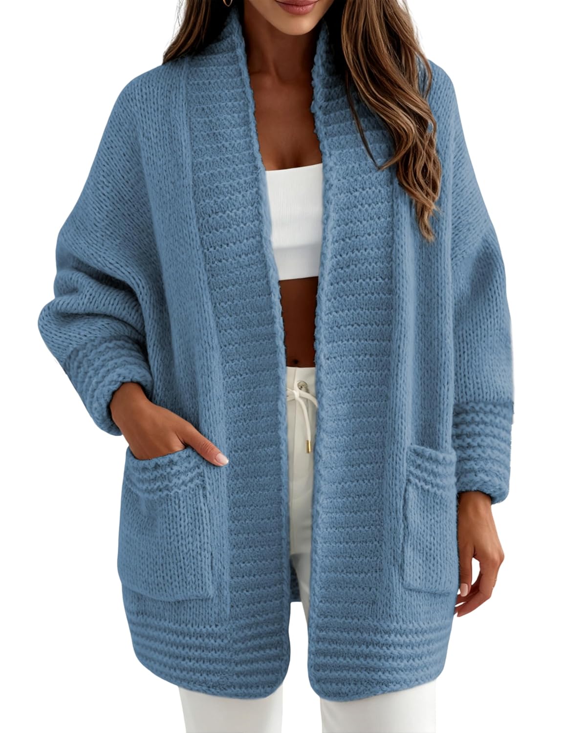 APAFES Womens Cardigan Sweaters Open Front Long Soft Chunky Knit Sweater Outerwear with Pockets
