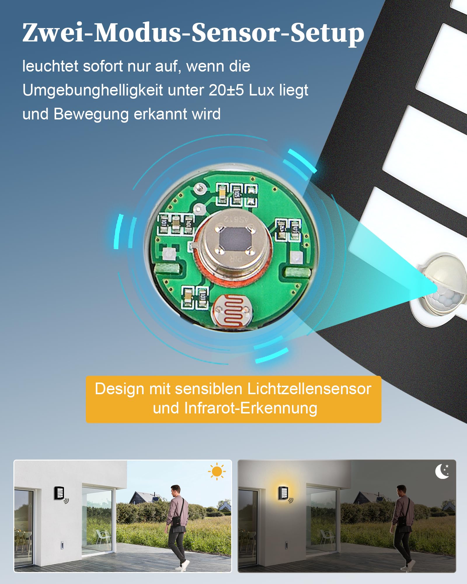 2er Set Außenwandleuchte mit Bewegungsmelder E27 Wandlampe IP44 | Integrierter Bewegungsmelder, IP44, inkl. 2x 12W E27 LED, 1200lm 3000K Warmweiß, Schwarz Matt, für Eingang und Hauswand