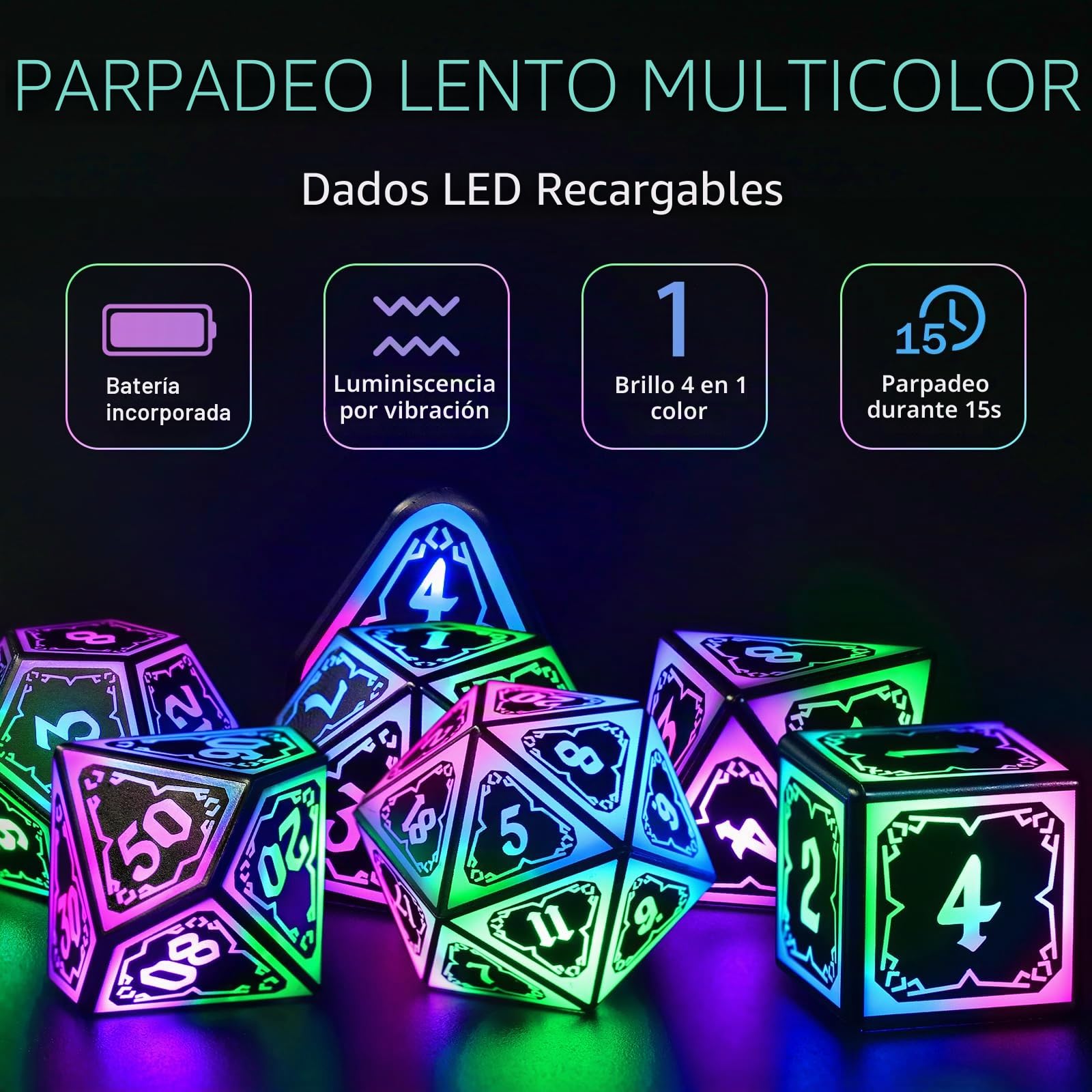 FONVGOGO Dados de rol para Dragones y Mazmorras Dados DND con Iluminación Inalámbrica y Estuche de Carga Dados rol Poliedricos DND Dice Set (Astral Shard Colorido)