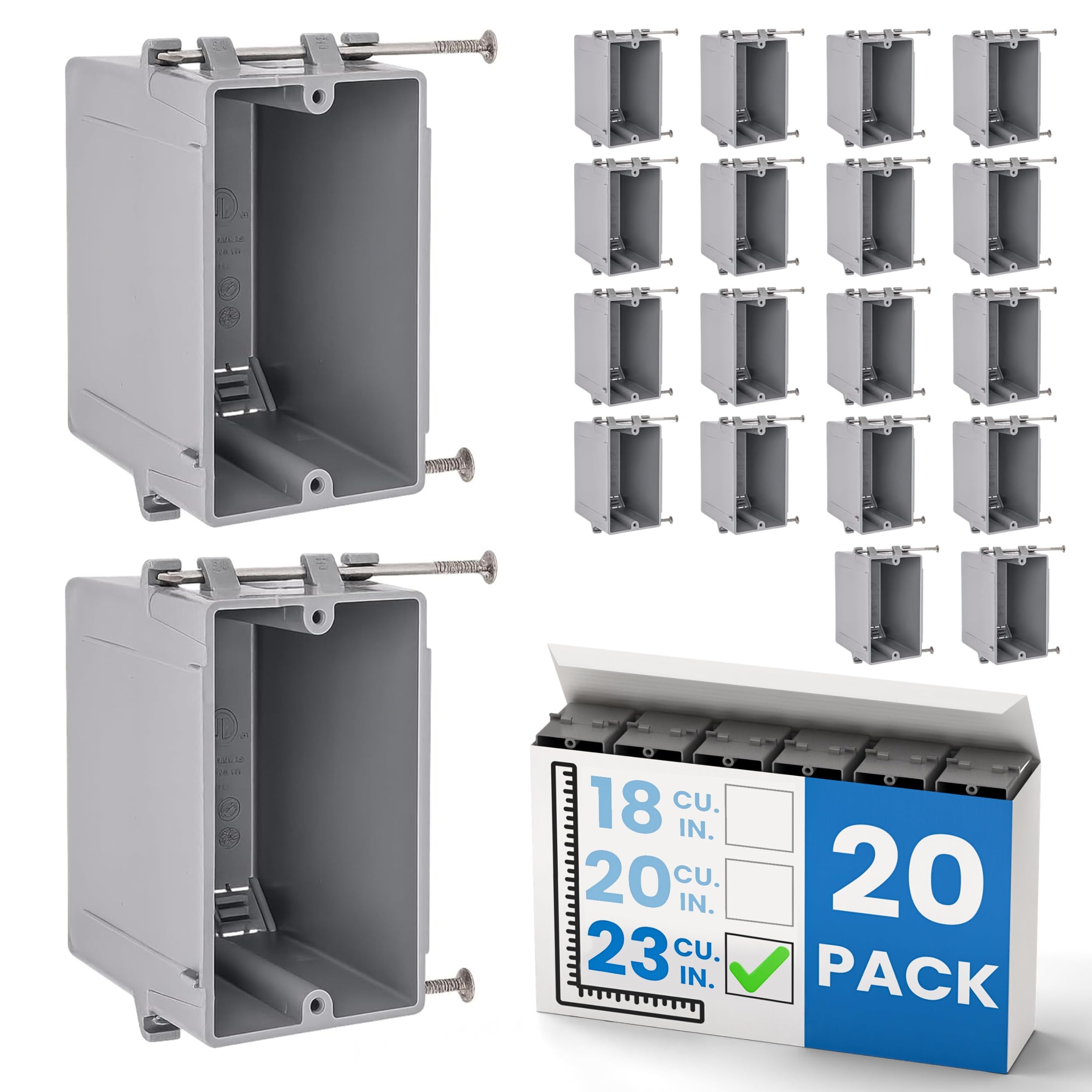 OHLECTRIC Lot de 20 boîtes électriques à 1 gang en PVC de 58,6 cm cubes - Montage à clous captifs - Boîtes de construction en plastique PPO/PVC non métalliques - Variateurs de prises GFCI - Certifié