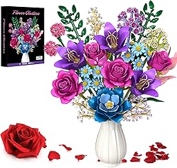 Fleurs Briques De Construction, 19 Multicolore Bouquet avec Rose, Lys, Kit de fleur artificielle, DIY Jouet Créatif Cadeau pour Adultes Femmes Filles 6+, pour Fête des Mères, Anniversaire, Déco