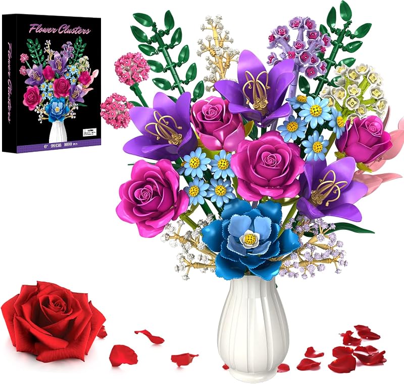 Fleurs Briques De Construction, 19 Multicolore Bouquet avec Rose, Lys, Kit de fleur artificielle, DIY Jouet Créatif Cadeau pour Adultes Femmes Filles 6+, pour Fête des Mères, Anniversaire, Déco