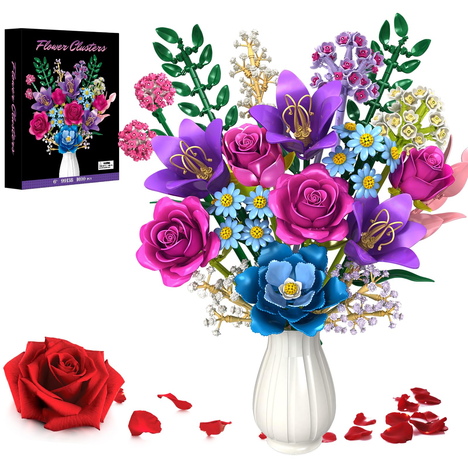 Fleurs Briques De Construction, 19 Multicolore Bouquet avec Rose, Lys, Kit de fleur artificielle, DIY Jouet Créatif Cadeau pour Adultes Femmes Filles 6+, pour Fête des Mères, Anniversaire, Déco - 1