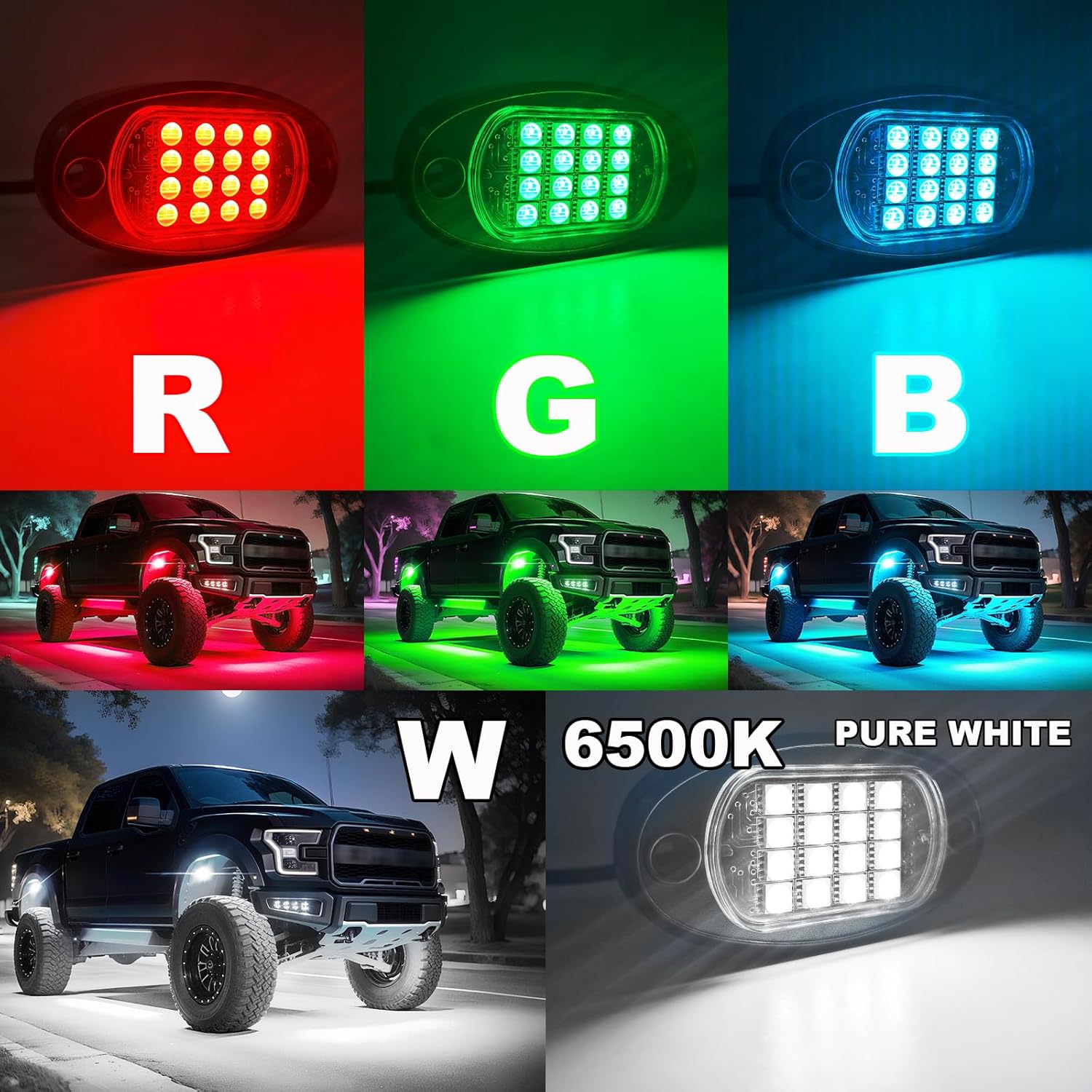 4 Pods RGBW LED Rock Lights, RGB with Pure White Rock Light for ATV UTV Golf Cart RZR SXS Truck Offroad SUV Car Underbody, 12V Waterproof Multicolor Underglow Kit with APP/RF Remote Control Sync Music