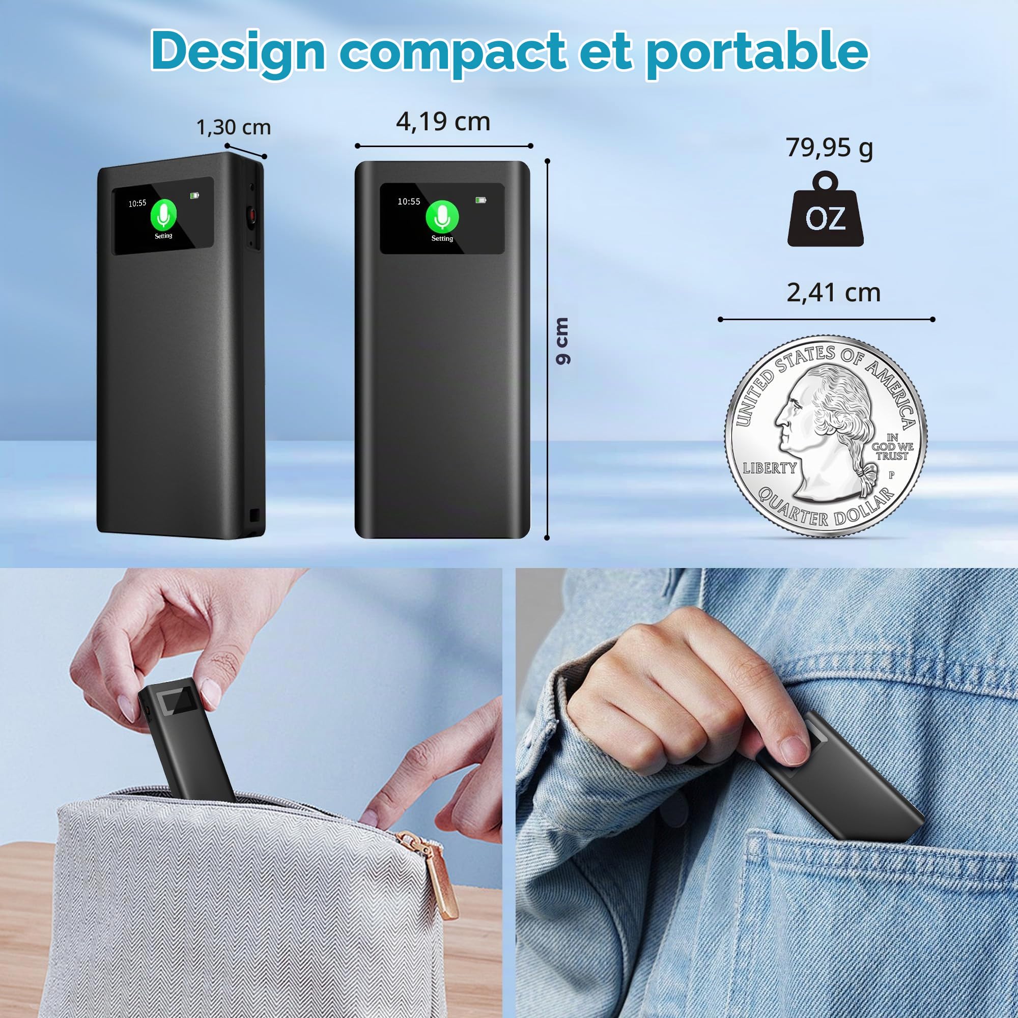 32GB Enregistreur Vocal Magnétique avec Autonomie 350h, Extension Carte TF, Lecture Haut-Parleur et Enregistrement en Un Clic, Appareil Portable USB‑C Reconnaissance Vocale