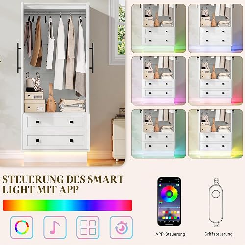 FEONASE 2 Door & 2 Drawer Wardrobe with LED Light,White Wardrobes for Bedroom,175H x 75W x 48D cm - 6